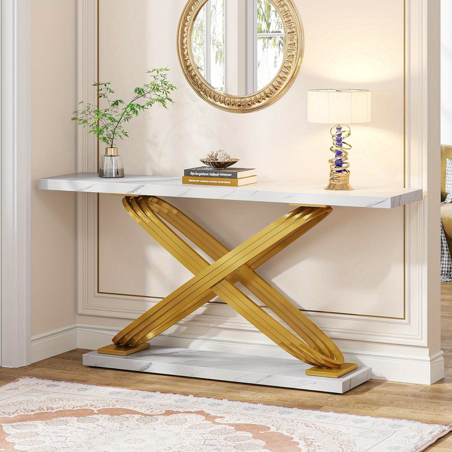 55 Inch Modern Console Table, Faux Marble Gold Entryway Table Behind Sofa Couch, Narrow Rectangular Sofa Table for Reception Room, Bedroom, Front Hall, Hallway, Gold & White