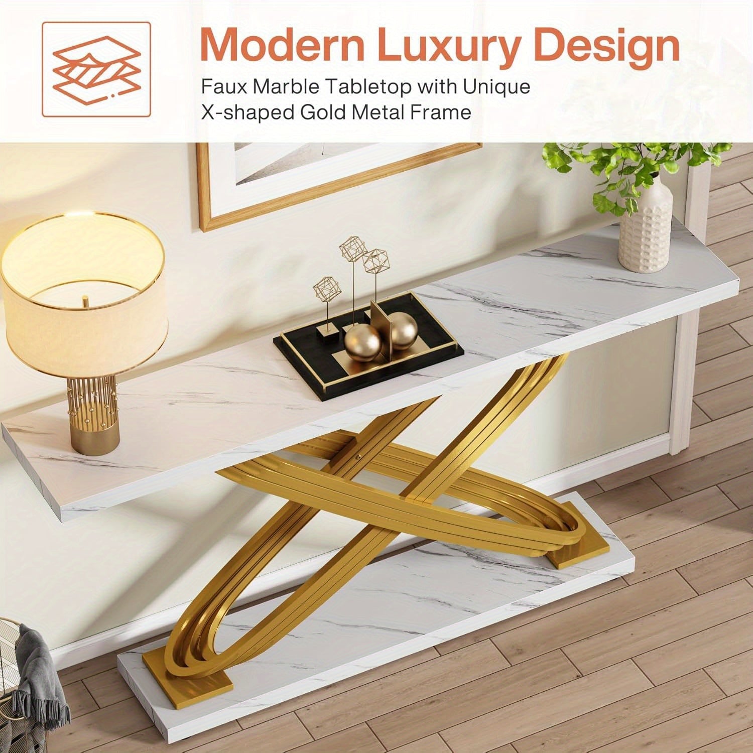 55 Inch Modern Console Table, Faux Marble Gold Entryway Table Behind Sofa Couch, Narrow Rectangular Sofa Table for Reception Room, Bedroom, Front Hall, Hallway, Gold & White