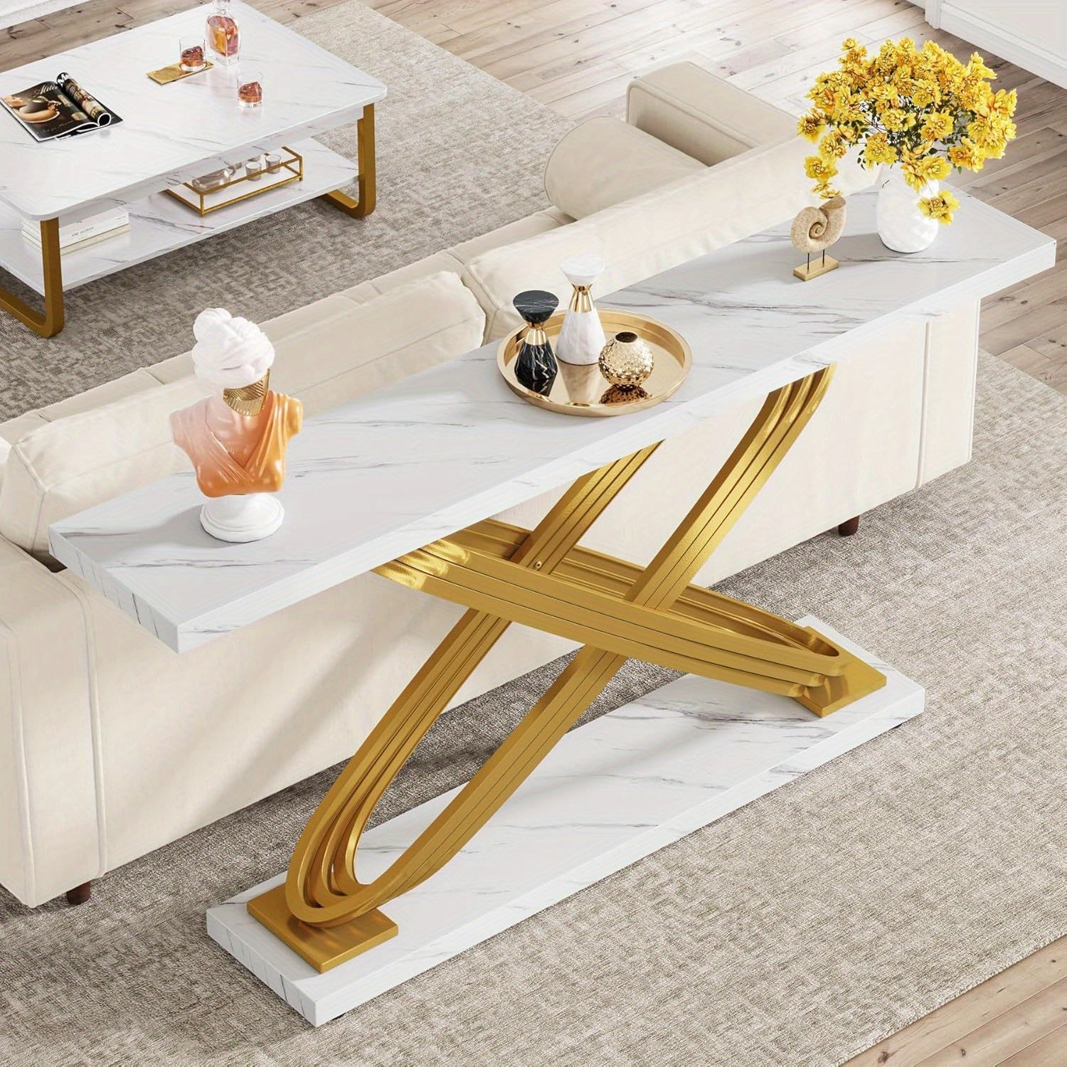 55 Inch Modern Console Table, Faux Marble Gold Entryway Table Behind Sofa Couch, Narrow Rectangular Sofa Table for Reception Room, Bedroom, Front Hall, Hallway, Gold & White