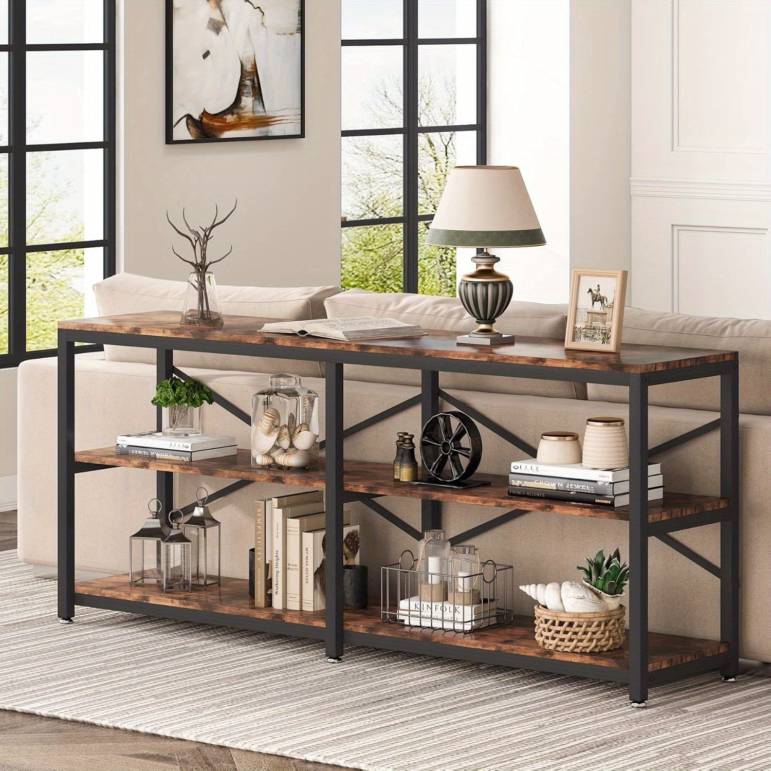 70.9 Inch Extra Long Console Table, Modern Sofa Table Behind Couch Table with Storage Shelves, 3-Tier Industrial Hallway Entryway Table for Reception Room, 3 Shelf Bookshelf (Brown)