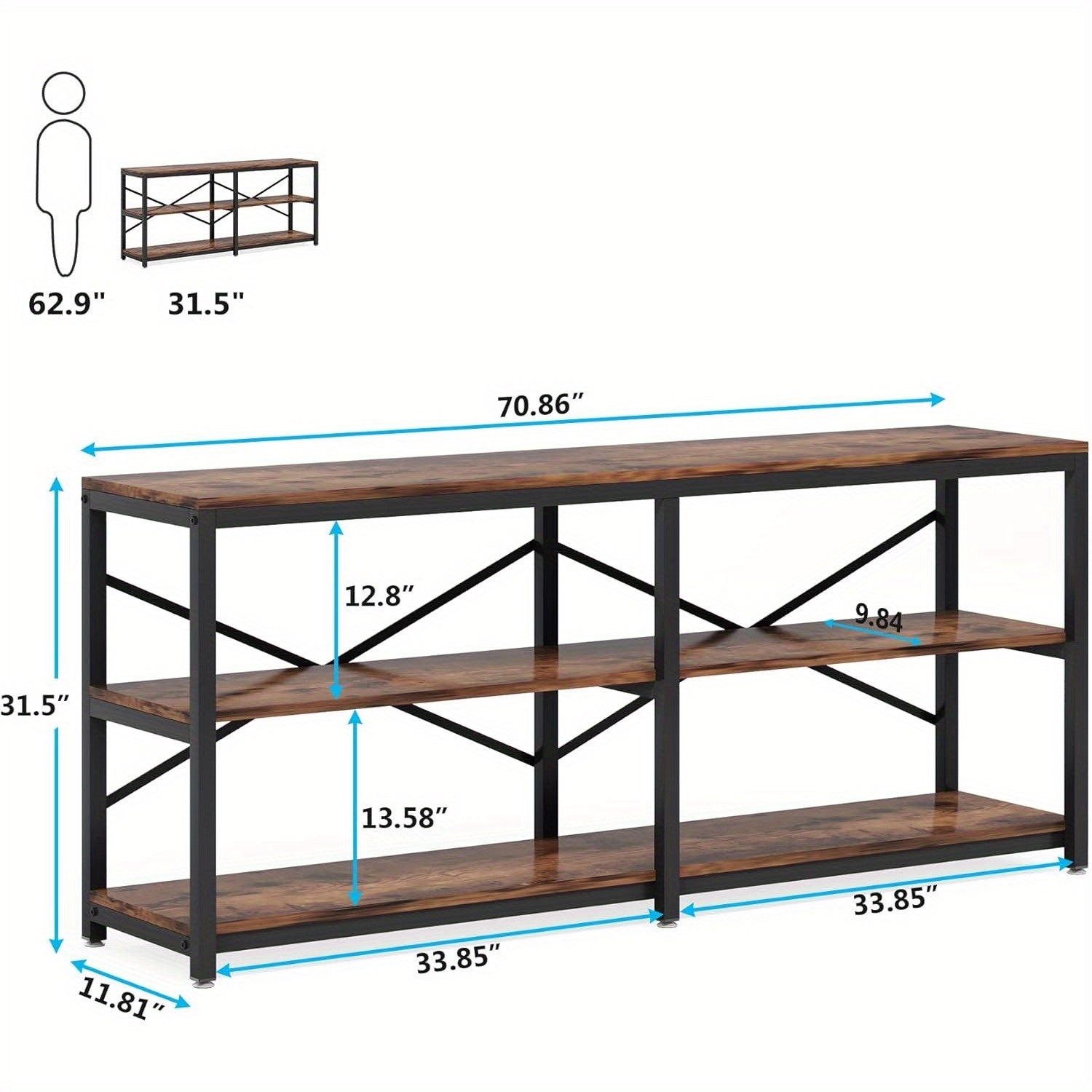 70.9 Inch Extra Long Console Table, Modern Sofa Table Behind Couch Table with Storage Shelves, 3-Tier Industrial Hallway Entryway Table for Reception Room, 3 Shelf Bookshelf (Brown)