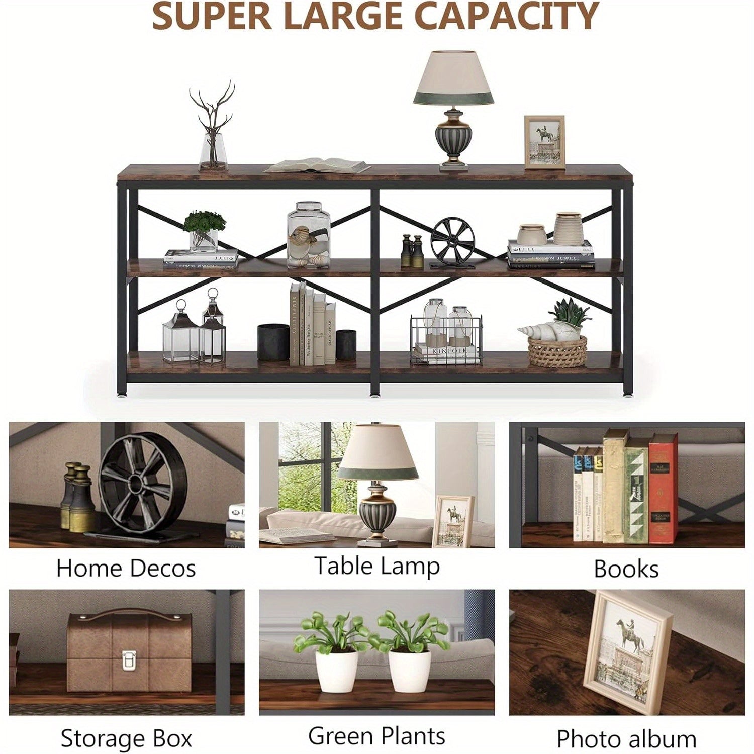 70.9 Inch Extra Long Console Table, Modern Sofa Table Behind Couch Table with Storage Shelves, 3-Tier Industrial Hallway Entryway Table for Reception Room, 3 Shelf Bookshelf (Brown)