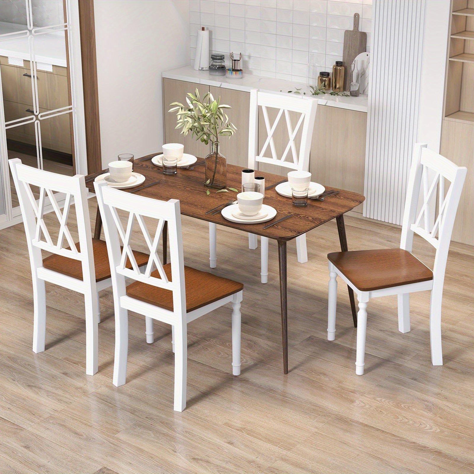 Dining Chair Set of 4, Kitchen Living Room Dining Chairs with Rubber Wood Seat & Acacia Wood Legs, Modern Armless Kitchen Chairs with Curved Backrest, Solid Wood Side Chair for Home Restaurant