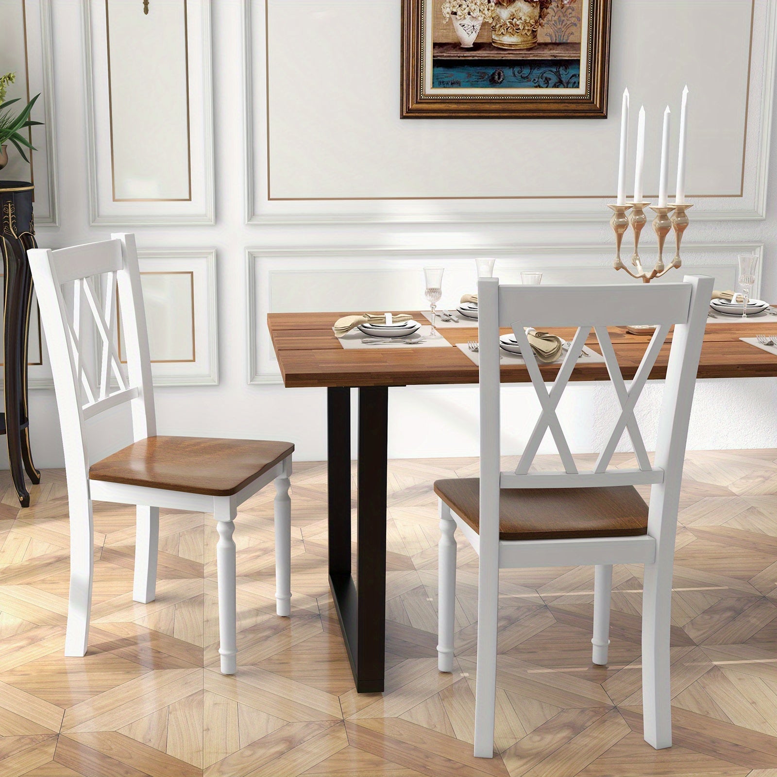 Dining Chair Set of 4, Kitchen Living Room Dining Chairs with Rubber Wood Seat & Acacia Wood Legs, Modern Armless Kitchen Chairs with Curved Backrest, Solid Wood Side Chair for Home Restaurant