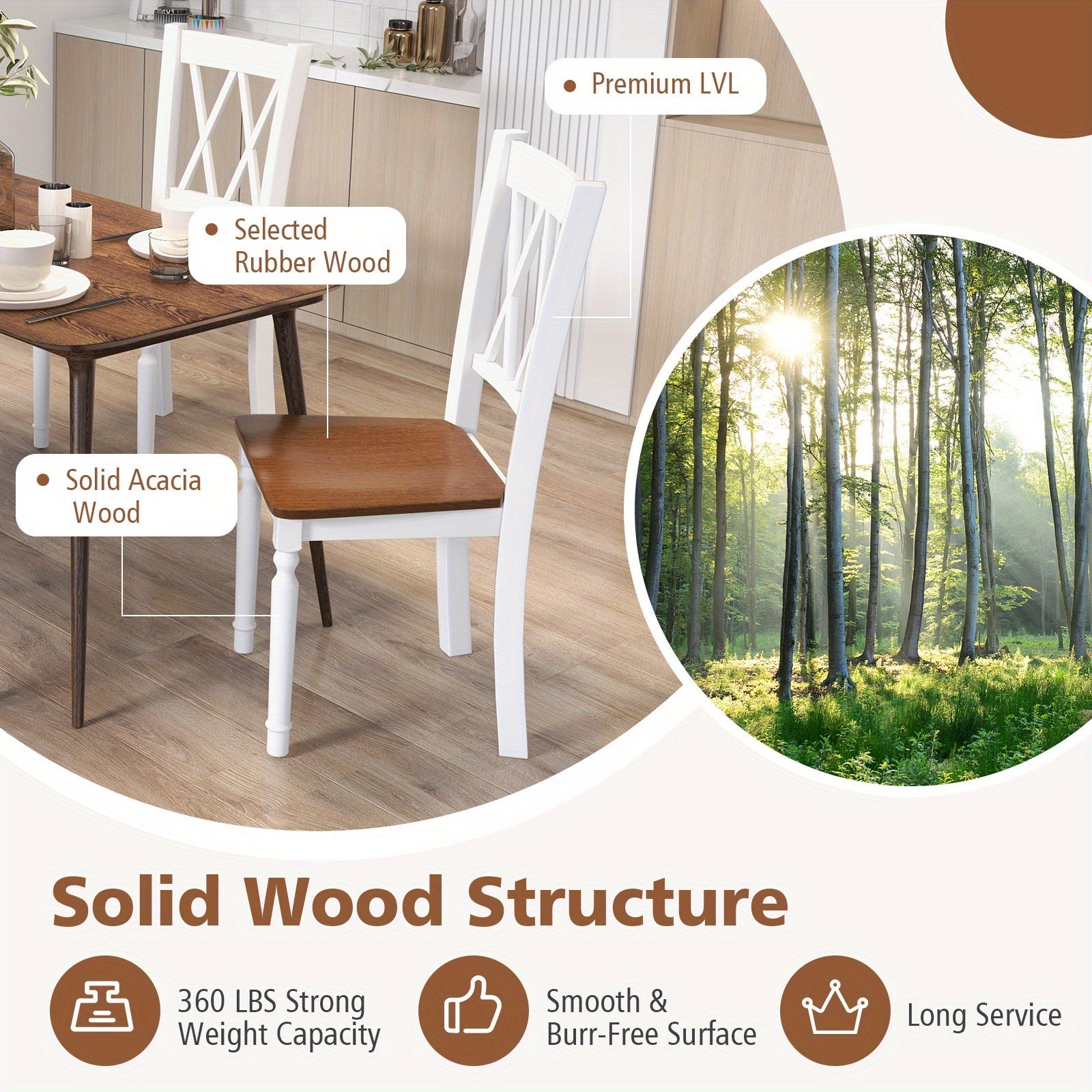 Dining Chair Set of 4, Kitchen Living Room Dining Chairs with Rubber Wood Seat & Acacia Wood Legs, Modern Armless Kitchen Chairs with Curved Backrest, Solid Wood Side Chair for Home Restaurant