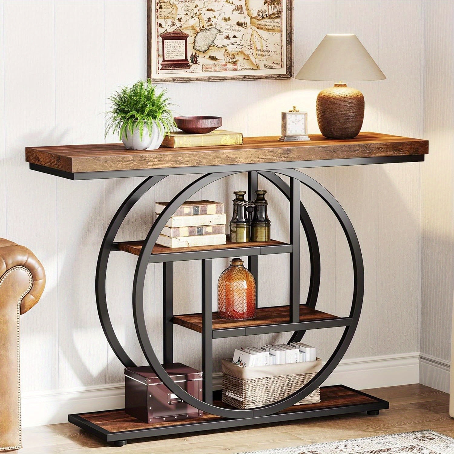 41.3" Console Table, Modern 4-Tier Sofa Table Entryway Table with Circle Base, Narrow Wood Accent Tables with Storage Shelves for Living Room, Hallway, Foyer, Christmas Renewal