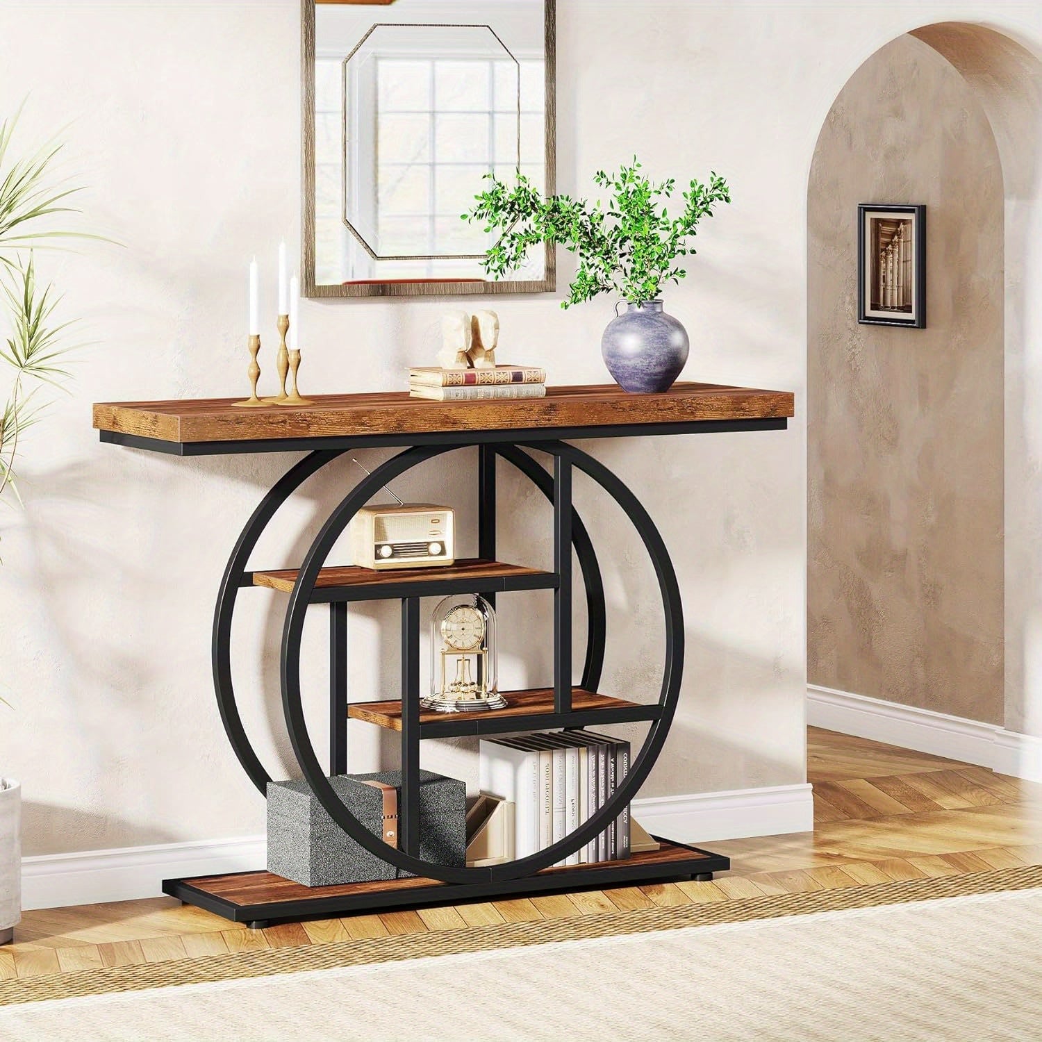 41.3" Console Table, Modern 4-Tier Sofa Table Entryway Table with Circle Base, Narrow Wood Accent Tables with Storage Shelves for Living Room, Hallway, Foyer, Christmas Renewal