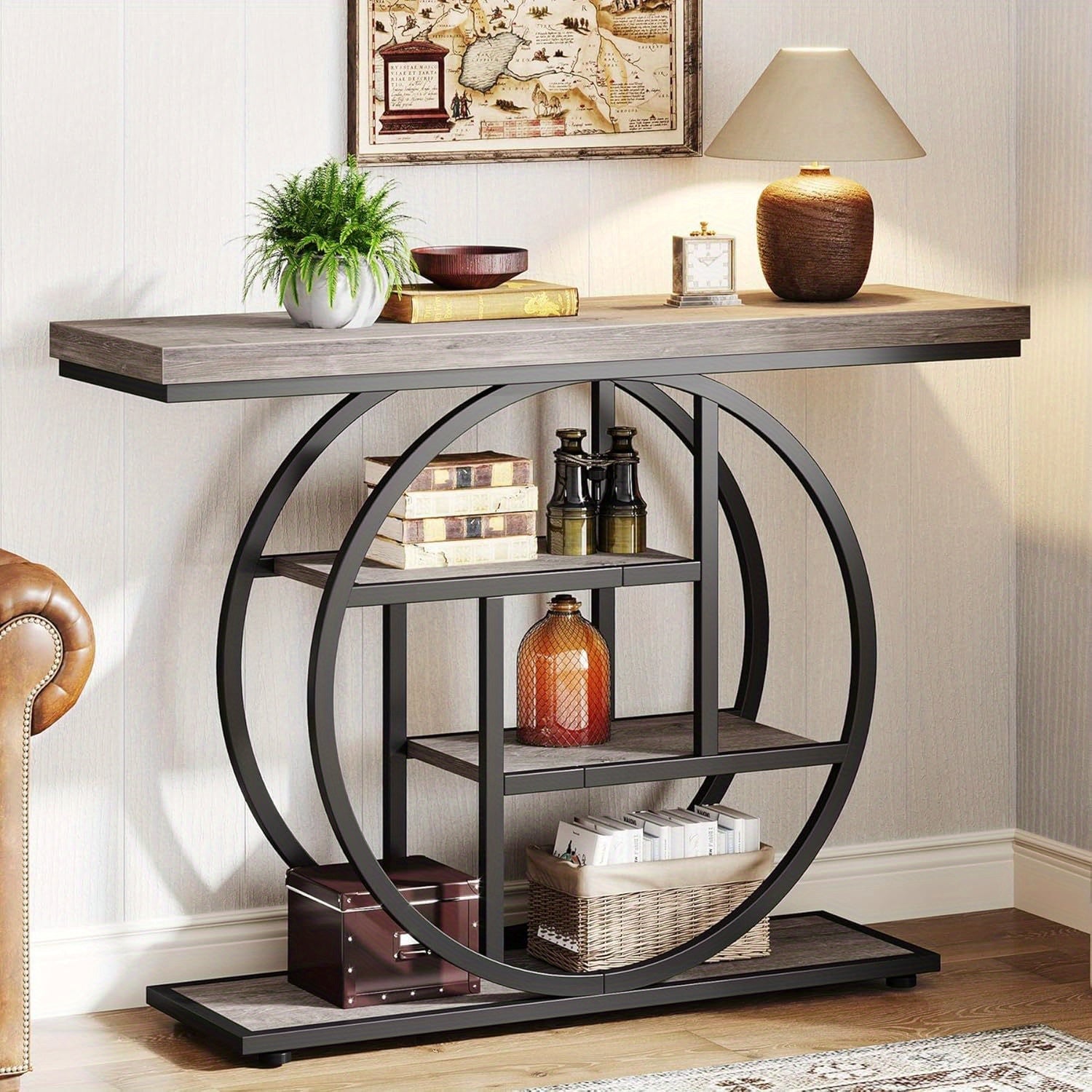 41.3" Console Table, Modern 4-Tier Sofa Table Entryway Table with Circle Base, Narrow Wood Accent Tables with Storage Shelves for Living Room, Hallway, Foyer, Christmas Renewal