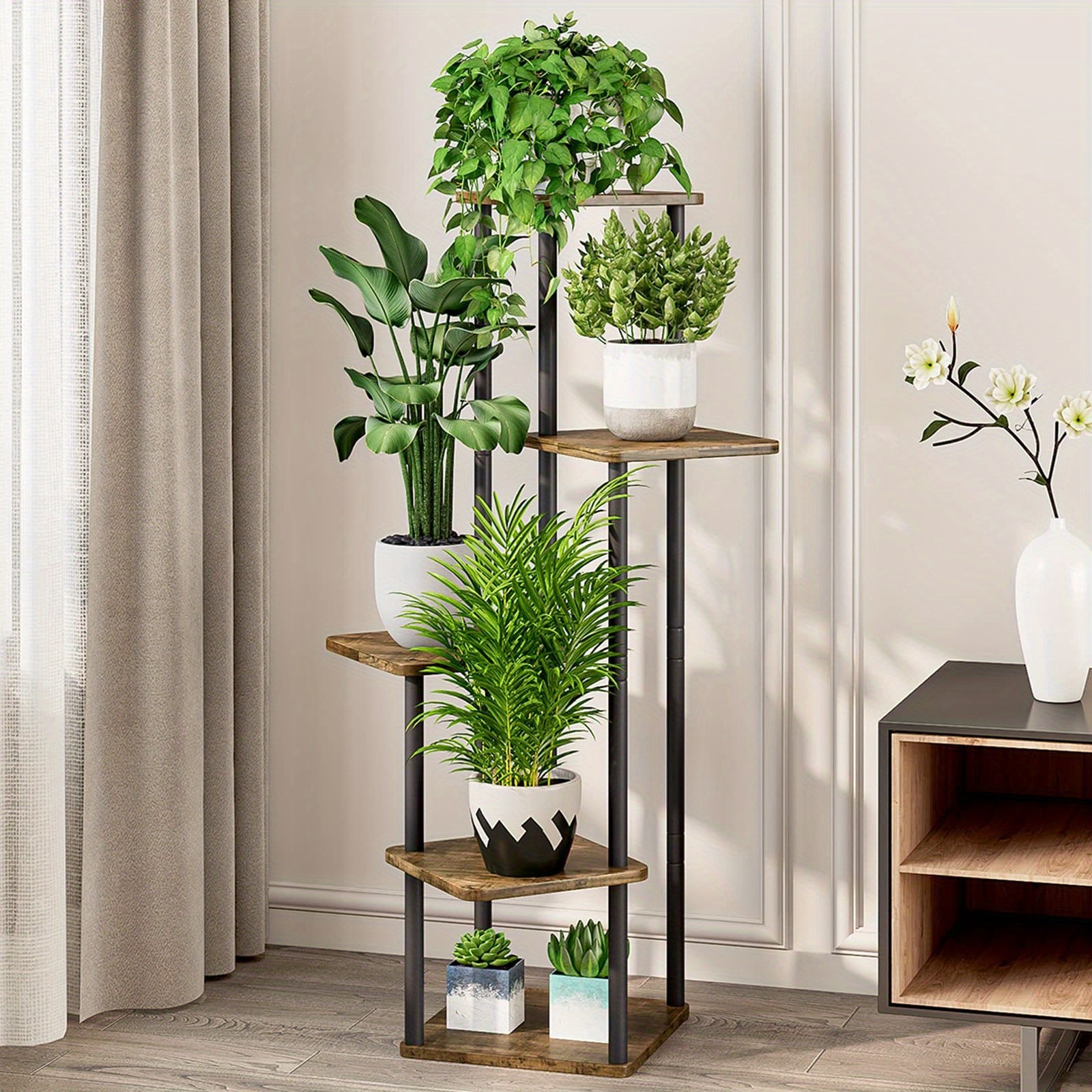 5 Tier Plant Stand Tall Metal Wood Shelf Holder for Indoor Plants, Outdoor Garden Plant Display Rack Flower Pot Stand for Corner Living Room Balcony Garden Patio