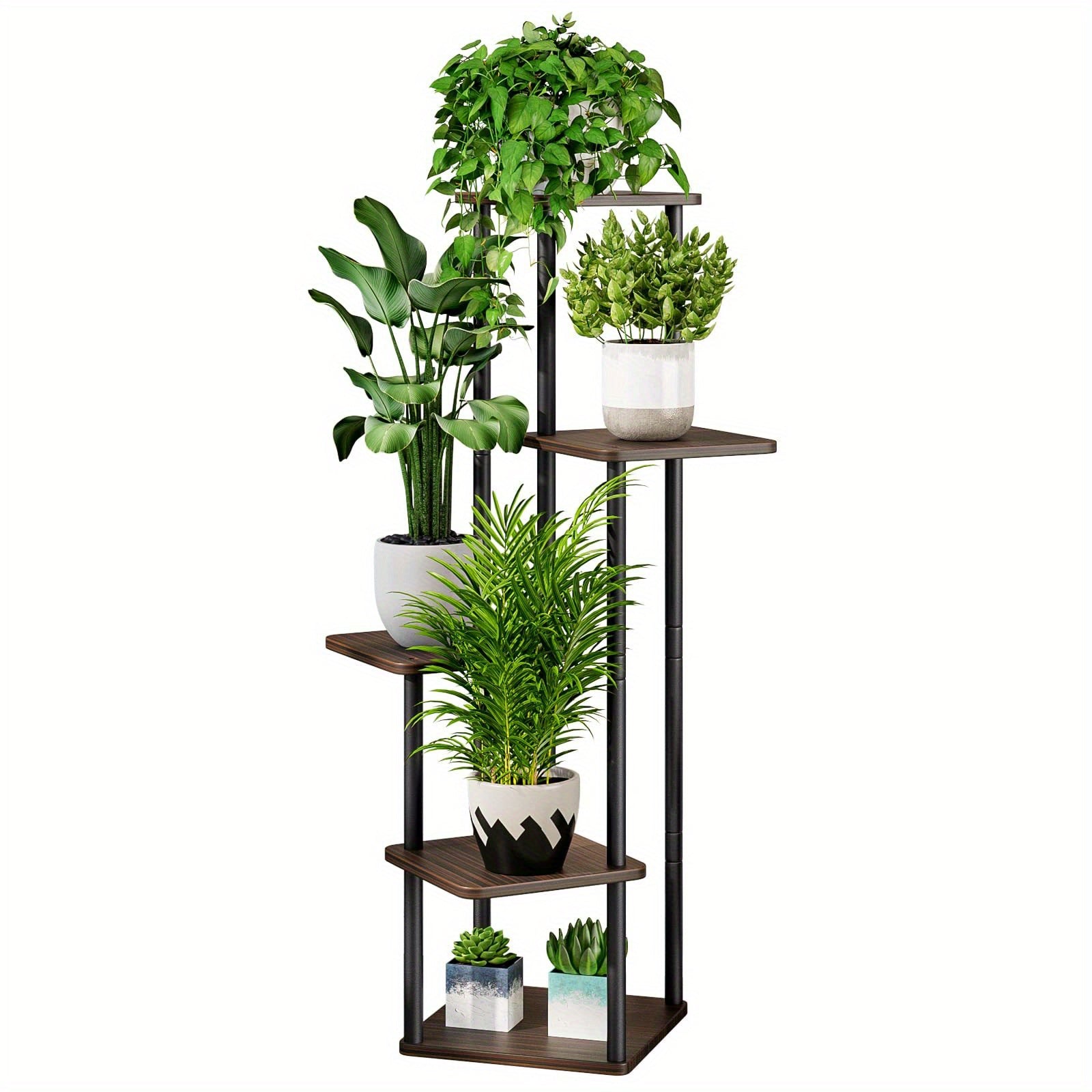 5 Tier Plant Stand Tall Metal Wood Shelf Holder for Indoor Plants, Outdoor Garden Plant Display Rack Flower Pot Stand for Corner Living Room Balcony Garden Patio