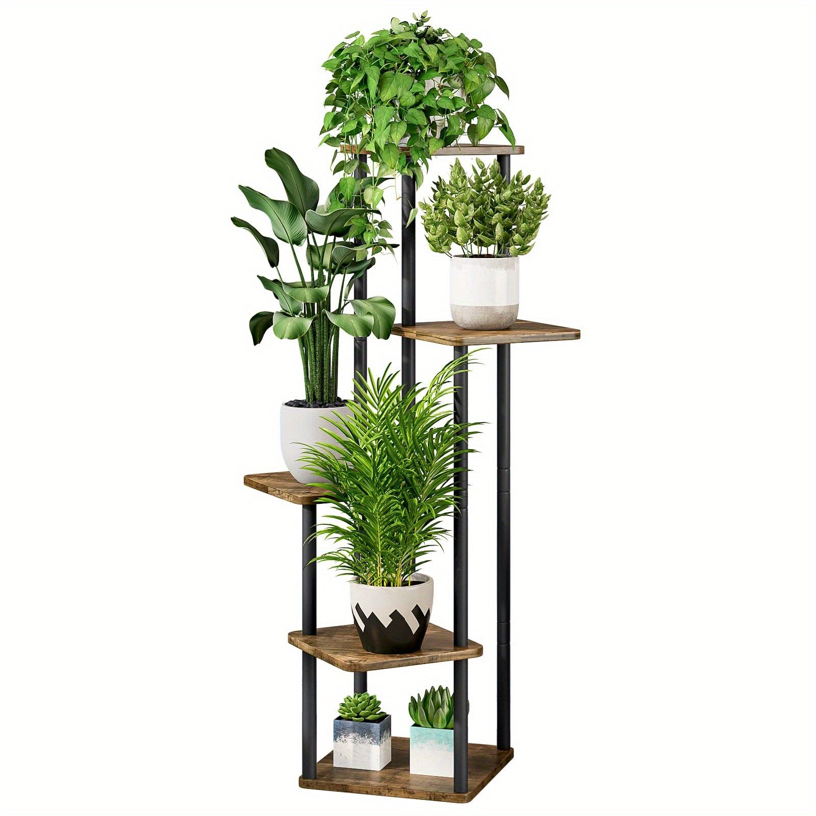 5 Tier Plant Stand Tall Metal Wood Shelf Holder for Indoor Plants, Outdoor Garden Plant Display Rack Flower Pot Stand for Corner Living Room Balcony Garden Patio