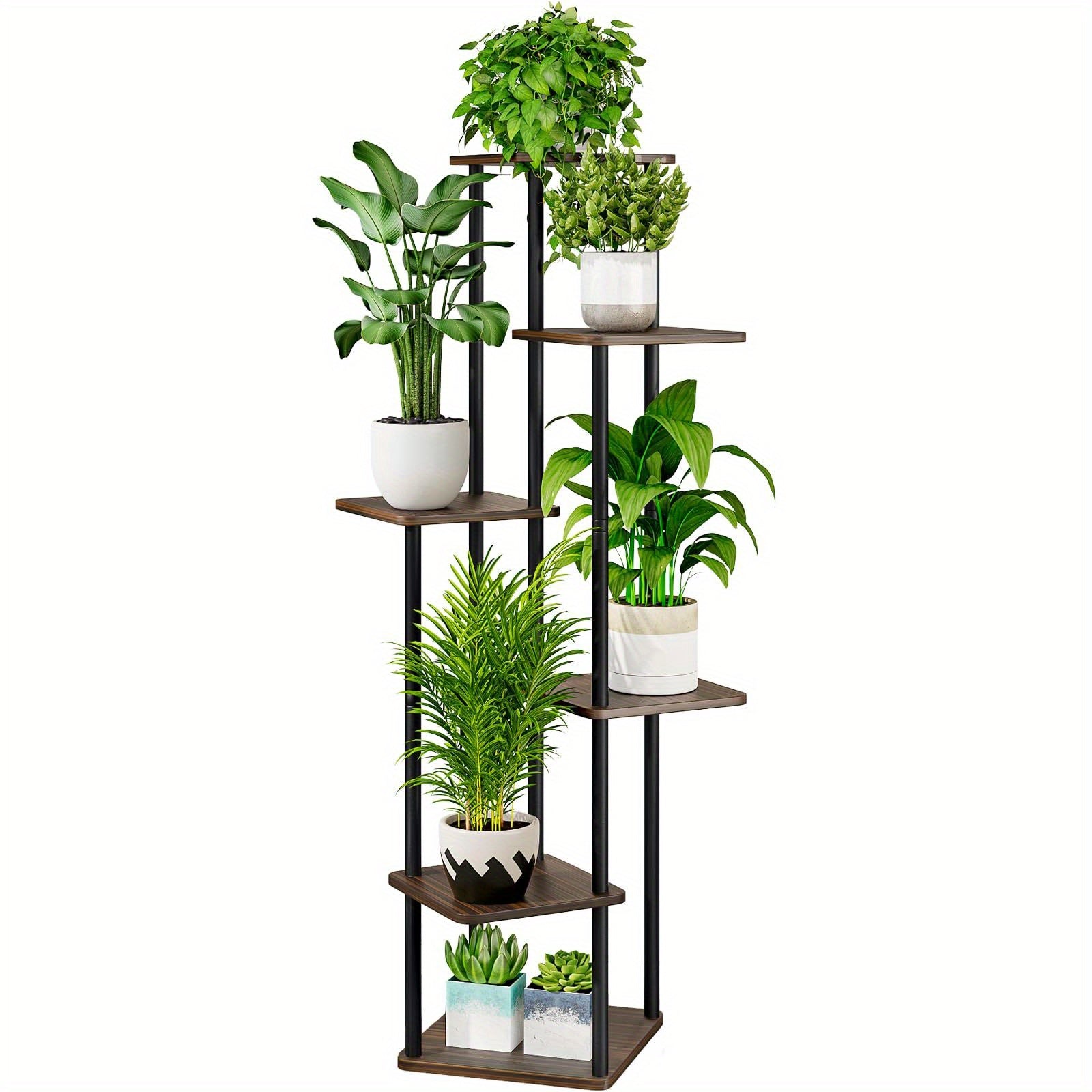 5 Tier Plant Stand Tall Metal Wood Shelf Holder for Indoor Plants, Outdoor Garden Plant Display Rack Flower Pot Stand for Corner Living Room Balcony Garden Patio