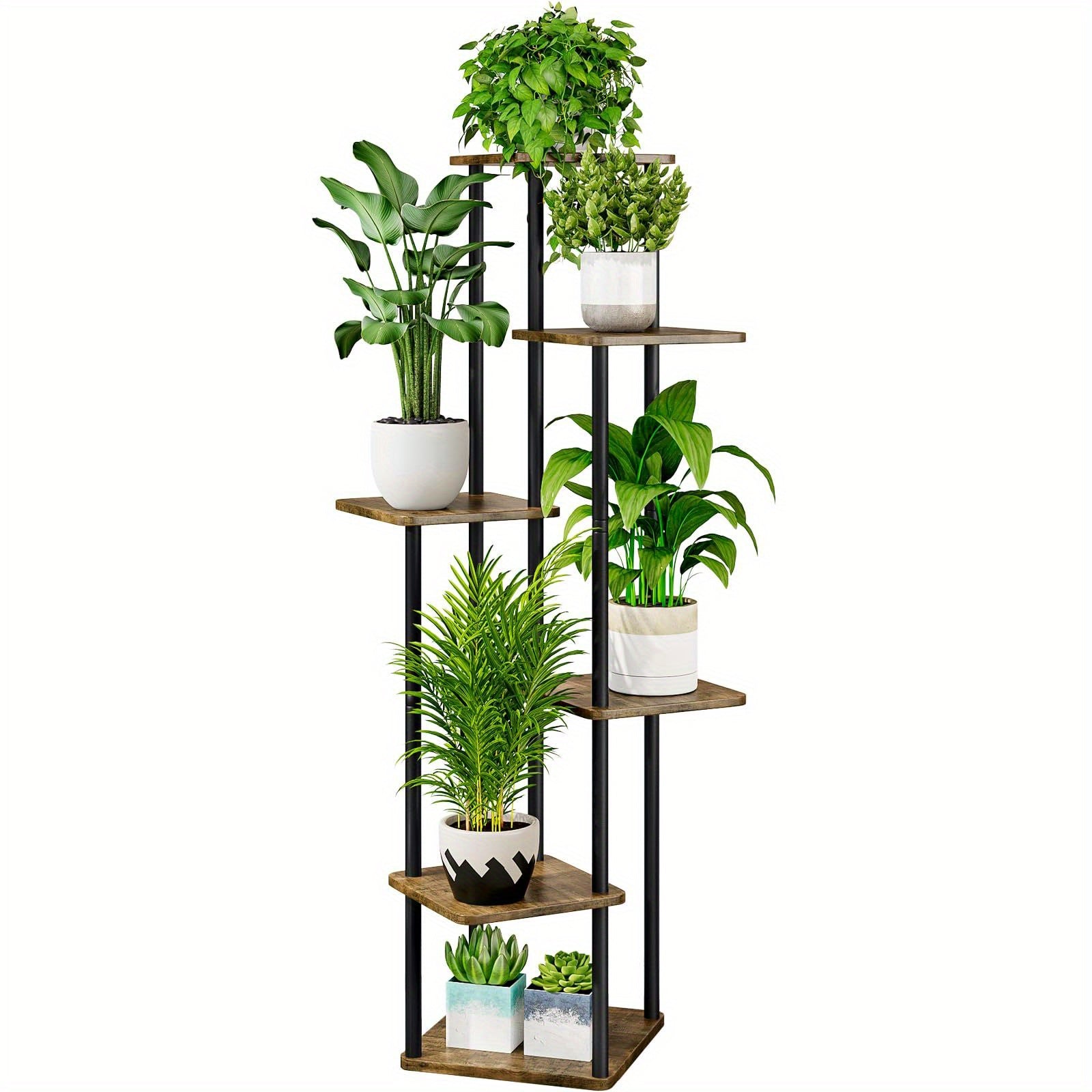 5 Tier Plant Stand Tall Metal Wood Shelf Holder for Indoor Plants, Outdoor Garden Plant Display Rack Flower Pot Stand for Corner Living Room Balcony Garden Patio