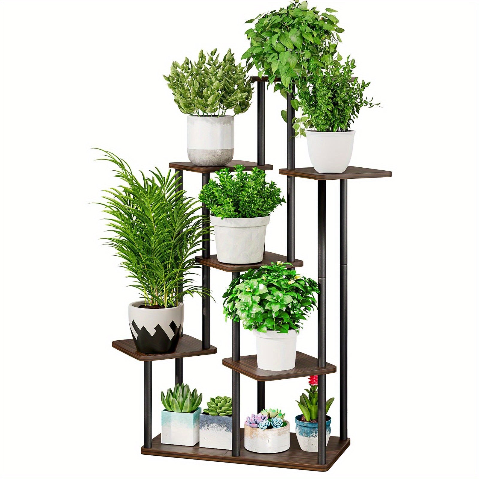 5 Tier Plant Stand Tall Metal Wood Shelf Holder for Indoor Plants, Outdoor Garden Plant Display Rack Flower Pot Stand for Corner Living Room Balcony Garden Patio