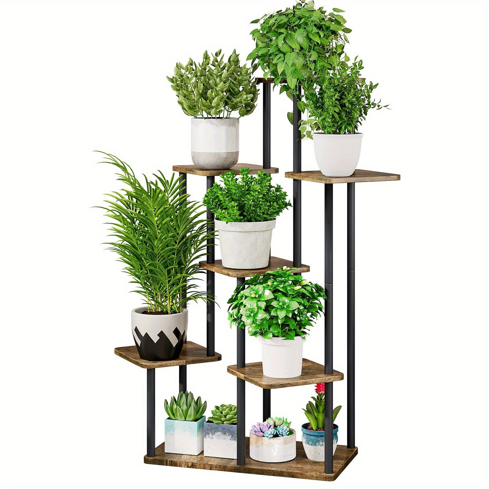 5 Tier Plant Stand Tall Metal Wood Shelf Holder for Indoor Plants, Outdoor Garden Plant Display Rack Flower Pot Stand for Corner Living Room Balcony Garden Patio