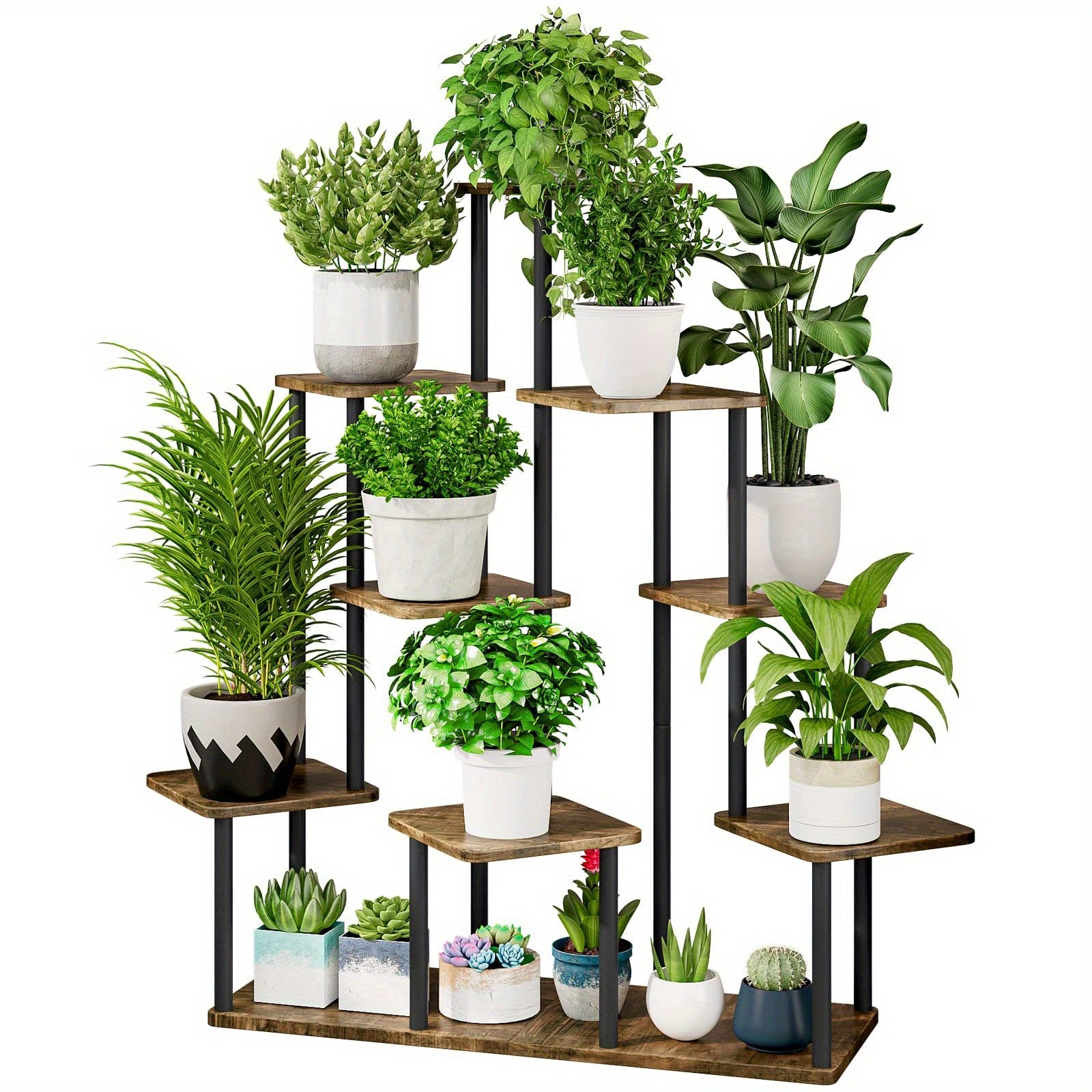 5 Tier Plant Stand Tall Metal Wood Shelf Holder for Indoor Plants, Outdoor Garden Plant Display Rack Flower Pot Stand for Corner Living Room Balcony Garden Patio