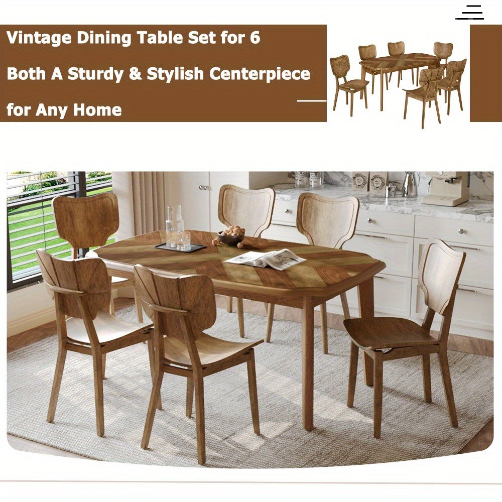 Vintage 7pcs Dining Table Set with 6 Dining Chairs, Kitchen Table Set for 6 with Curved Back and Seat, Brown