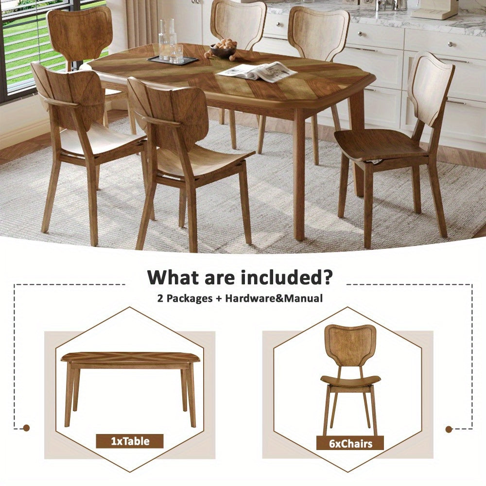 Vintage 7pcs Dining Table Set with 6 Dining Chairs, Kitchen Table Set for 6 with Curved Back and Seat, Brown