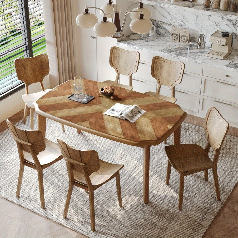 Vintage 7pcs Dining Table Set with 6 Dining Chairs, Kitchen Table Set for 6 with Curved Back and Seat, Brown