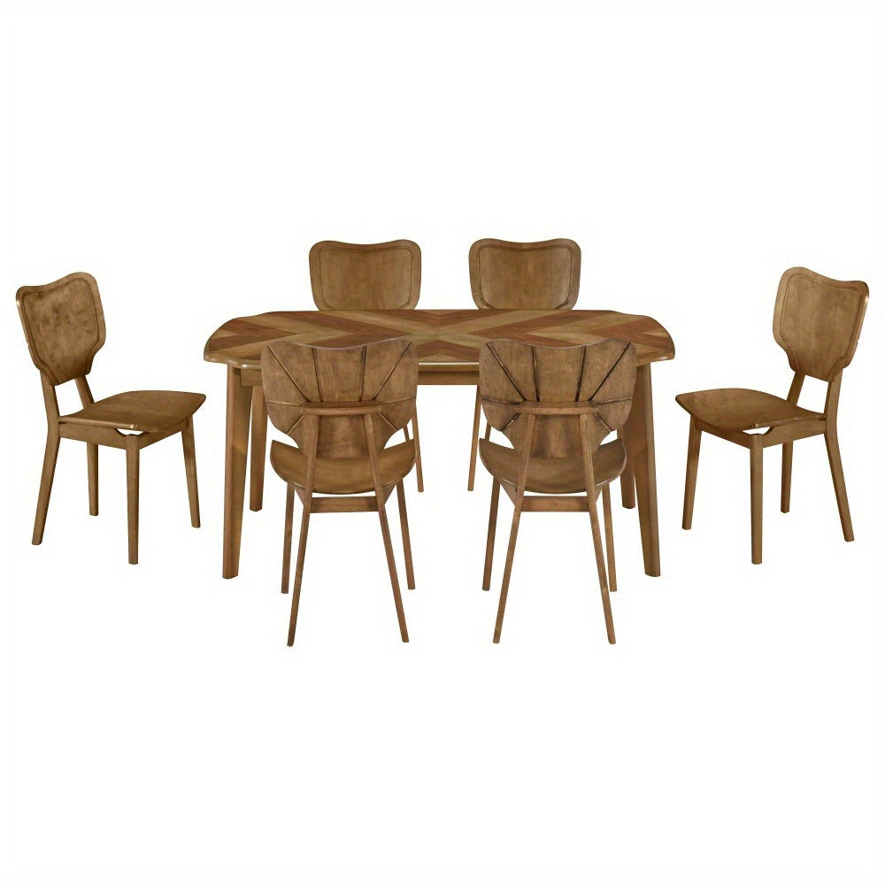 Vintage 7pcs Dining Table Set with 6 Dining Chairs, Kitchen Table Set for 6 with Curved Back and Seat, Brown