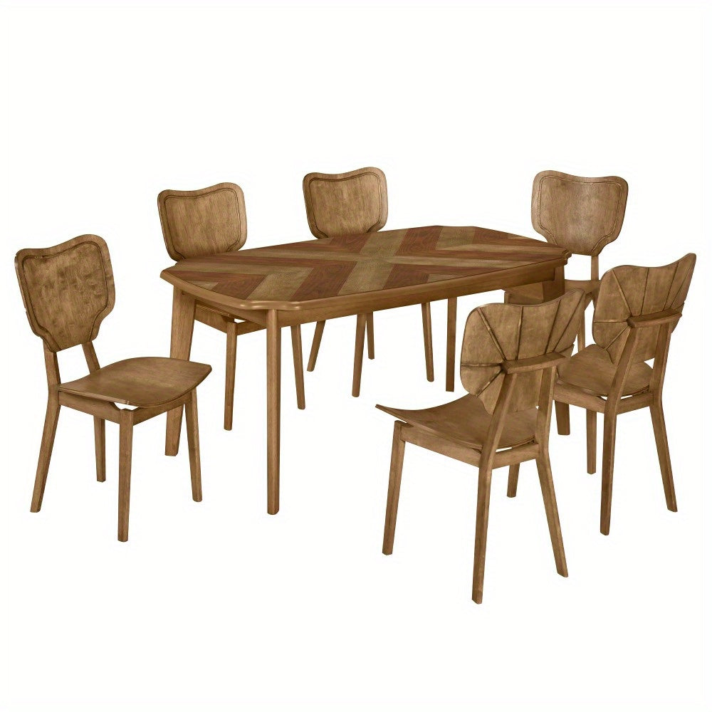 Vintage 7pcs Dining Table Set with 6 Dining Chairs, Kitchen Table Set for 6 with Curved Back and Seat, Brown