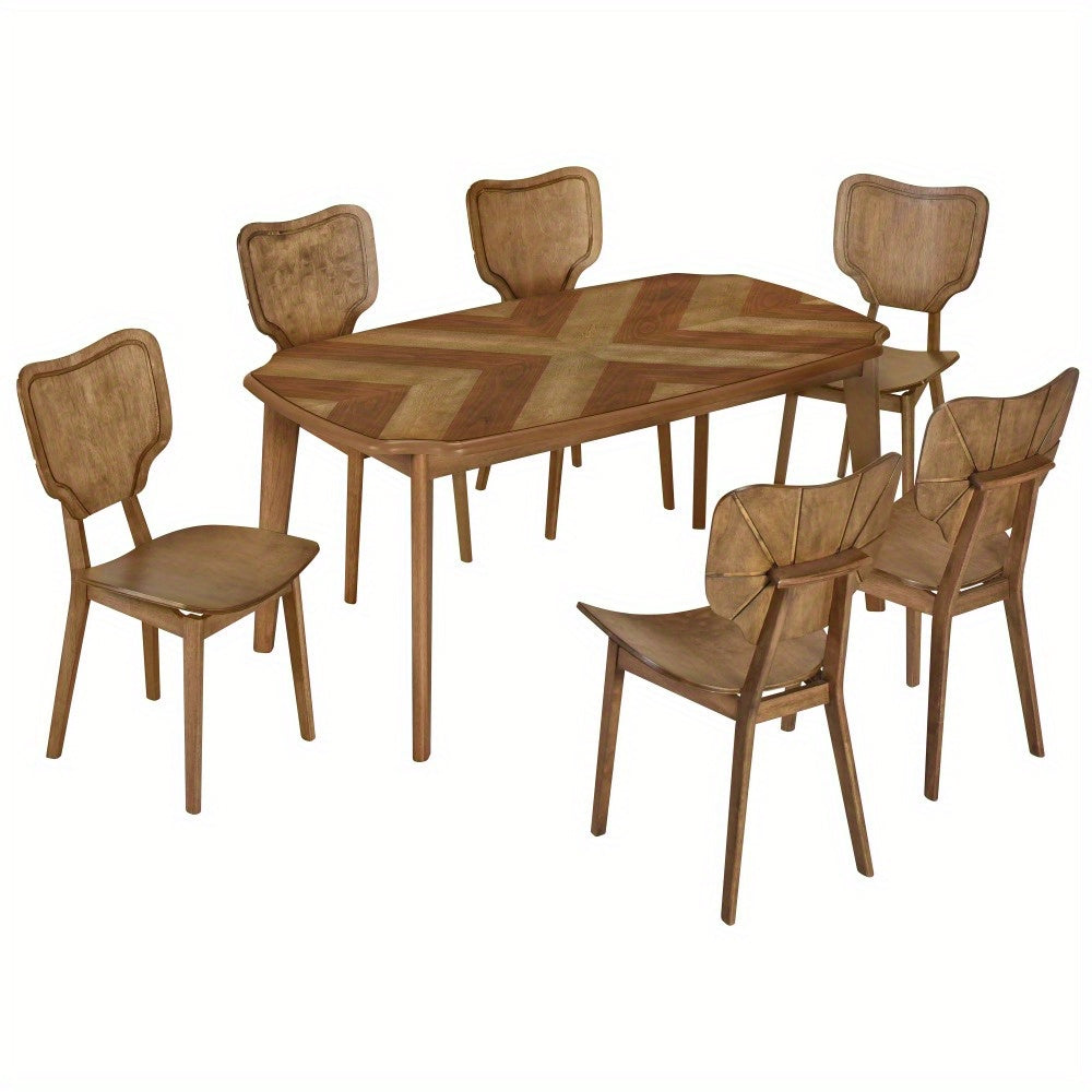 Vintage 7pcs Dining Table Set with 6 Dining Chairs, Kitchen Table Set for 6 with Curved Back and Seat, Brown