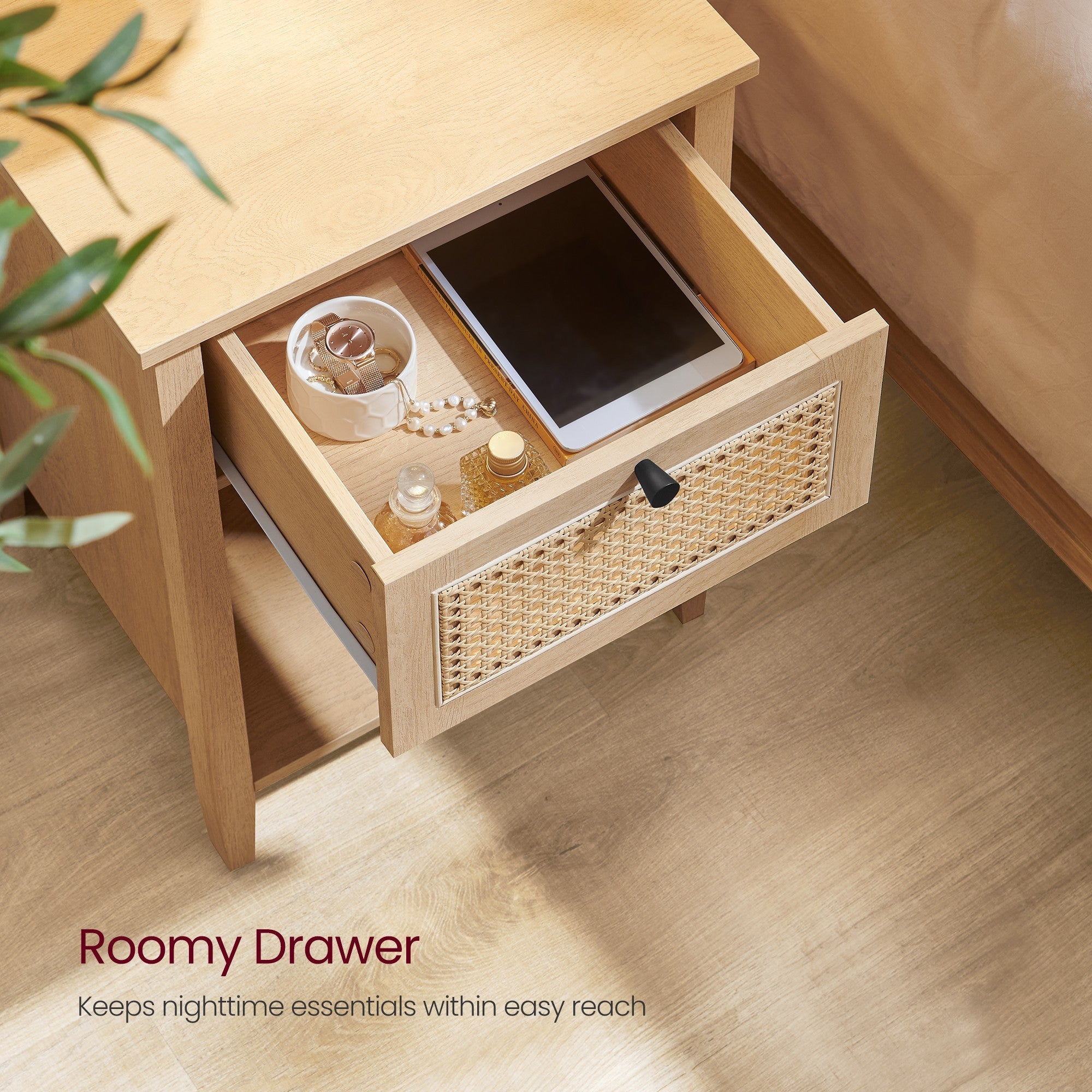 1pc Farmhouse Bedside Table with Drawer and Charging Station, Rustic Wooden Nightstand with Storage and Open Compartment, Portable and Easy to Clean, No Assembly Required, Shower Caddies