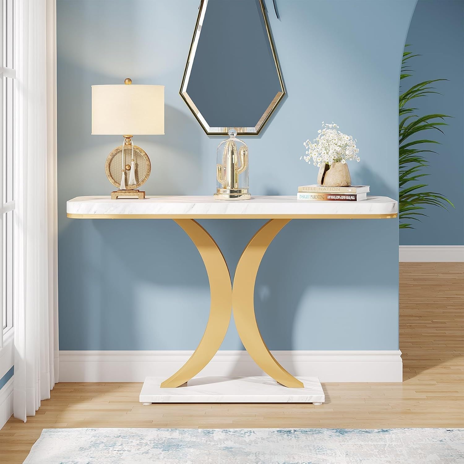 Modern Golden Console Table, 40 Inch Narrow Entryway Foyer Table with Geometric Base, Rustic Hallway Accent Table for Reception Room, Entrance, White and Golden