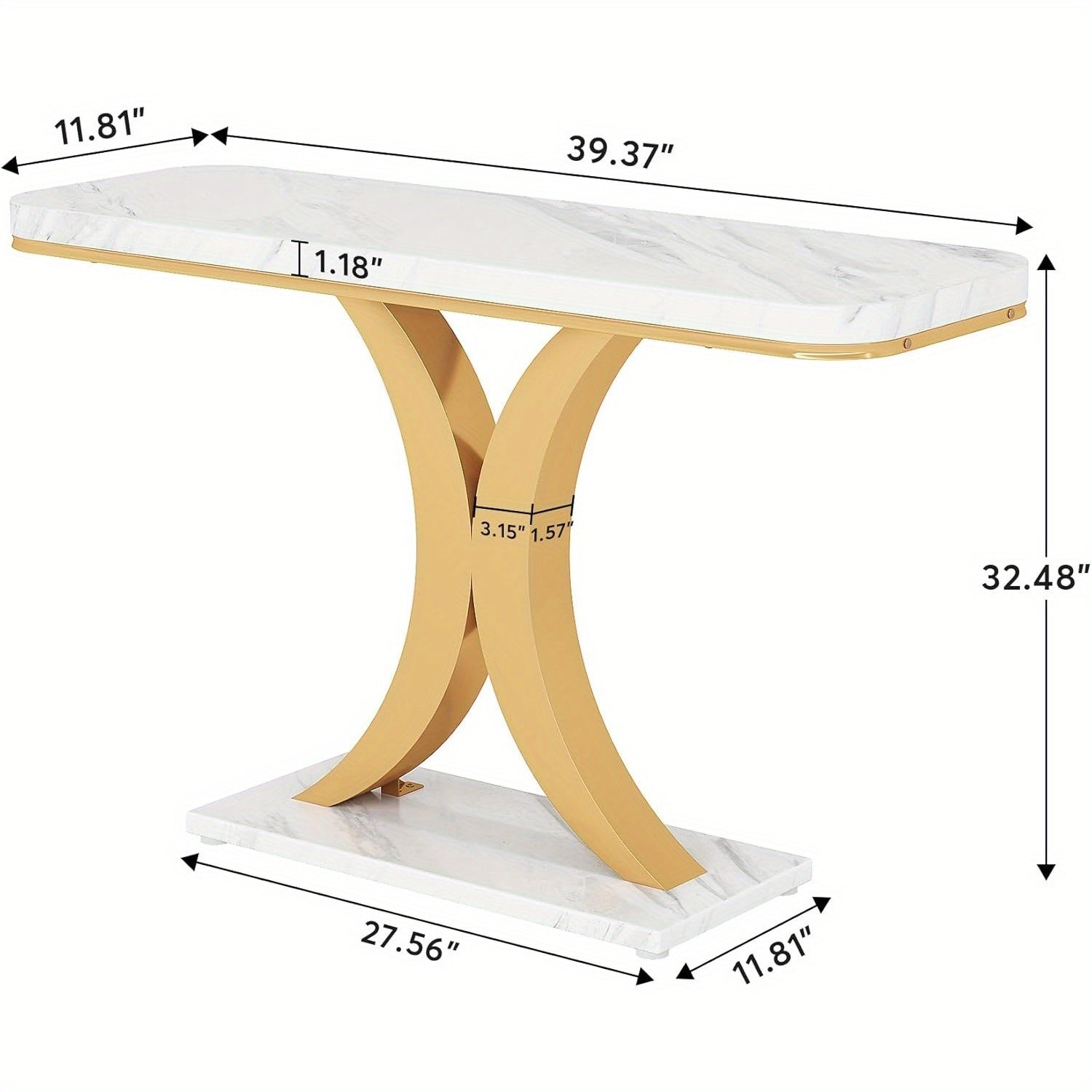 Modern Golden Console Table, 40 Inch Narrow Entryway Foyer Table with Geometric Base, Rustic Hallway Accent Table for Reception Room, Entrance, White and Golden