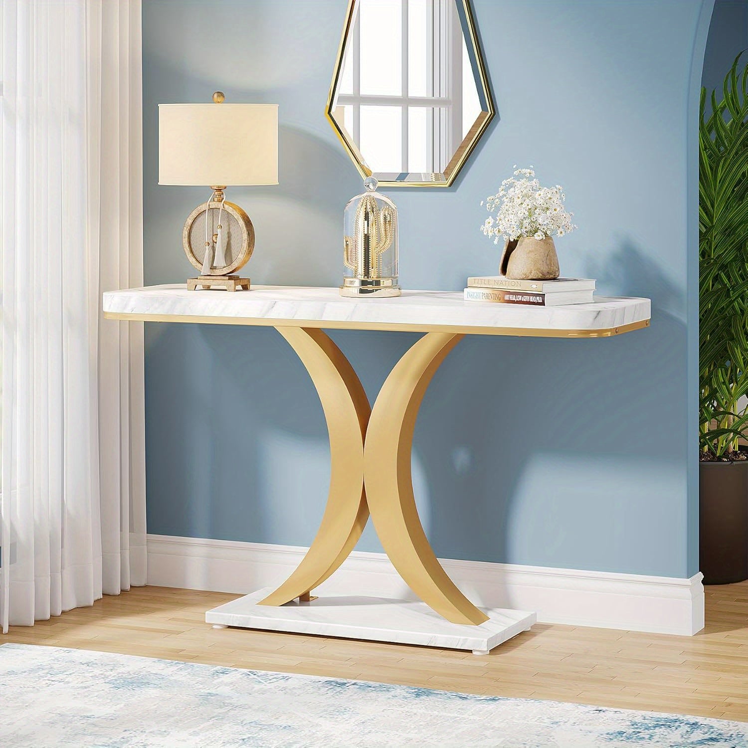 Modern Golden Console Table, 40 Inch Narrow Entryway Foyer Table with Geometric Base, Rustic Hallway Accent Table for Reception Room, Entrance, White and Golden