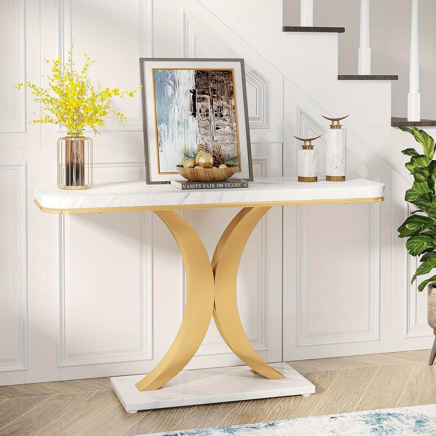 Modern Golden Console Table, 40 Inch Narrow Entryway Foyer Table with Geometric Base, Rustic Hallway Accent Table for Reception Room, Entrance, White and Golden