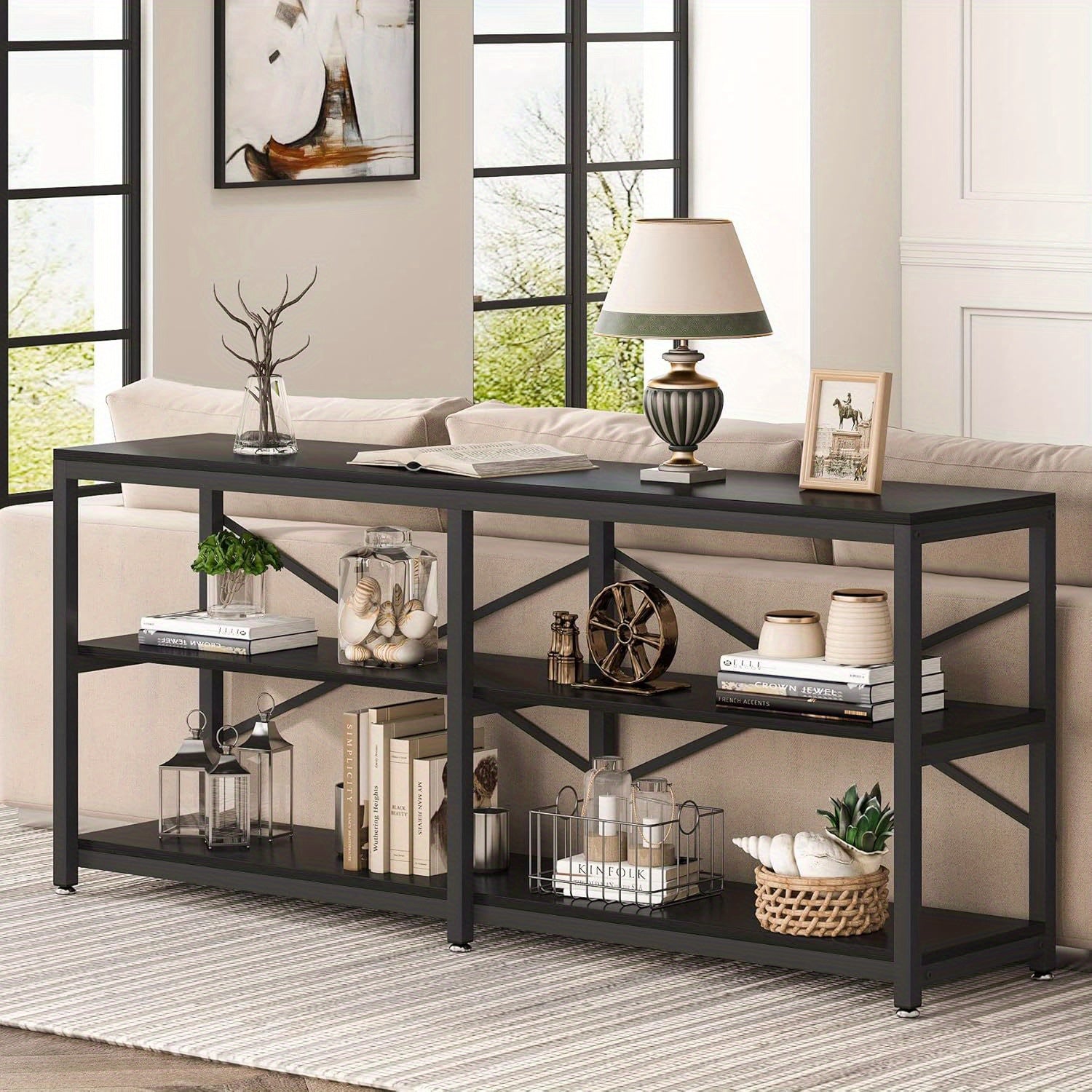 70.9 Inch Extra Long Console Table, Modern Sofa Table Behind Couch Table with Storage Shelves, 3-Tier Industrial Hallway Entryway Table for Living Room, 3 Shelf Bookshelf (Black)