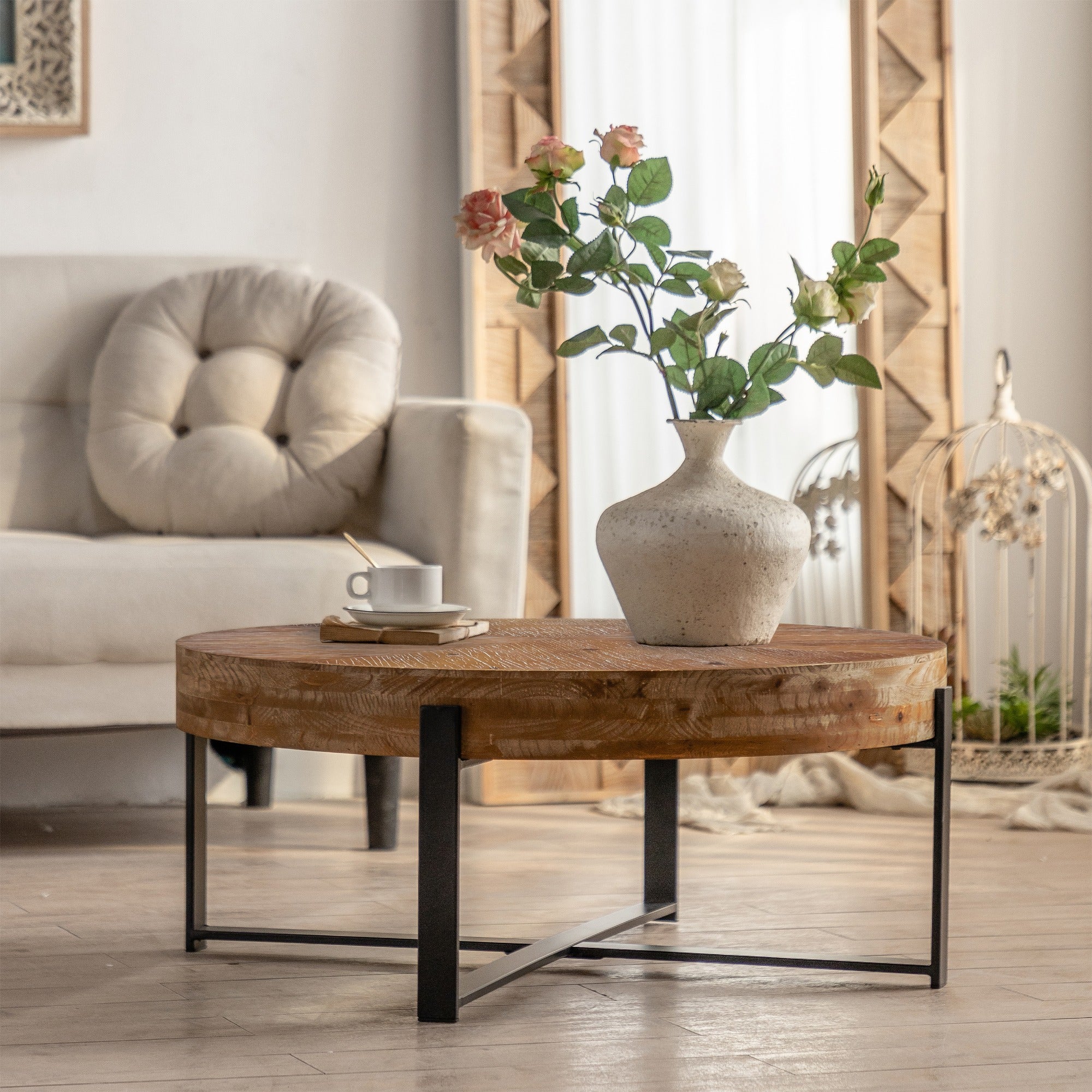 81cm Modern Retro Splicing Round Coffee Table, Fir Wood Table Top with Black Cross Legs Base (Same SKU:W75770652)