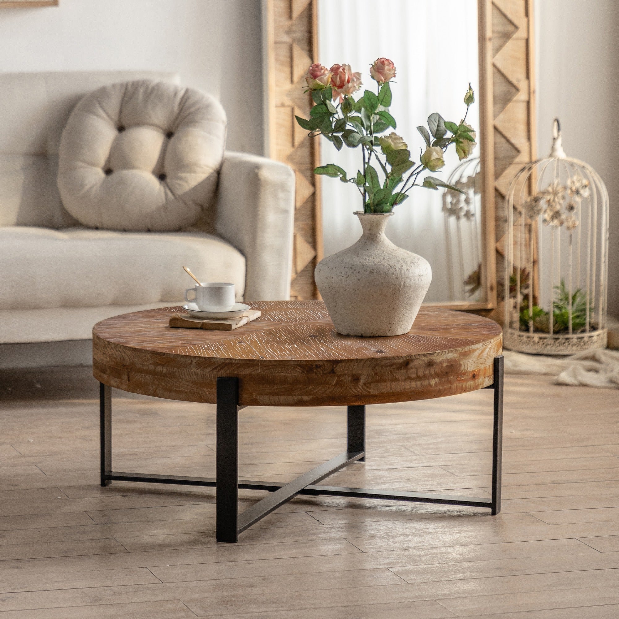 81cm Modern Retro Splicing Round Coffee Table, Fir Wood Table Top with Black Cross Legs Base (Same SKU:W75770652)