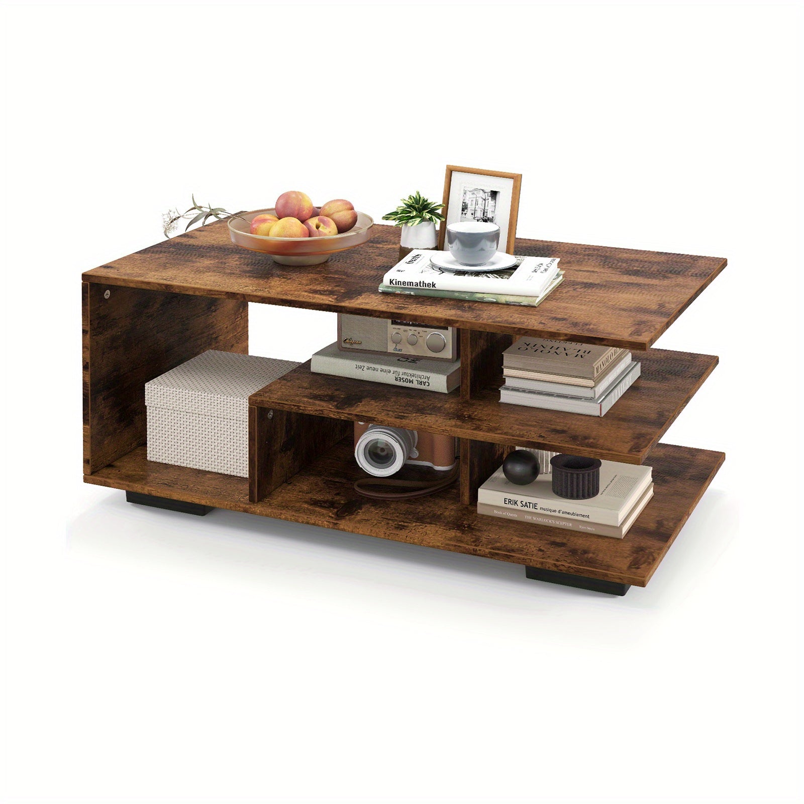 Coffee Table with Storage, Modern Rectangular Center Table with L-shaped Middle Shelf, Versatile 3-Tier Geometric Table for Living Room, Reception Room, Natural and White/Rustic Brown