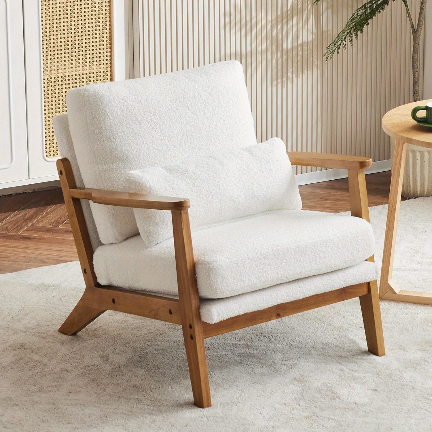 Mid-Century Accent Chair, Lounge Chairs Wide Armrest Armchair with Lumbar Pillow & Solid Wood Frame for Living Room, Bedroom, Balcony - Beige