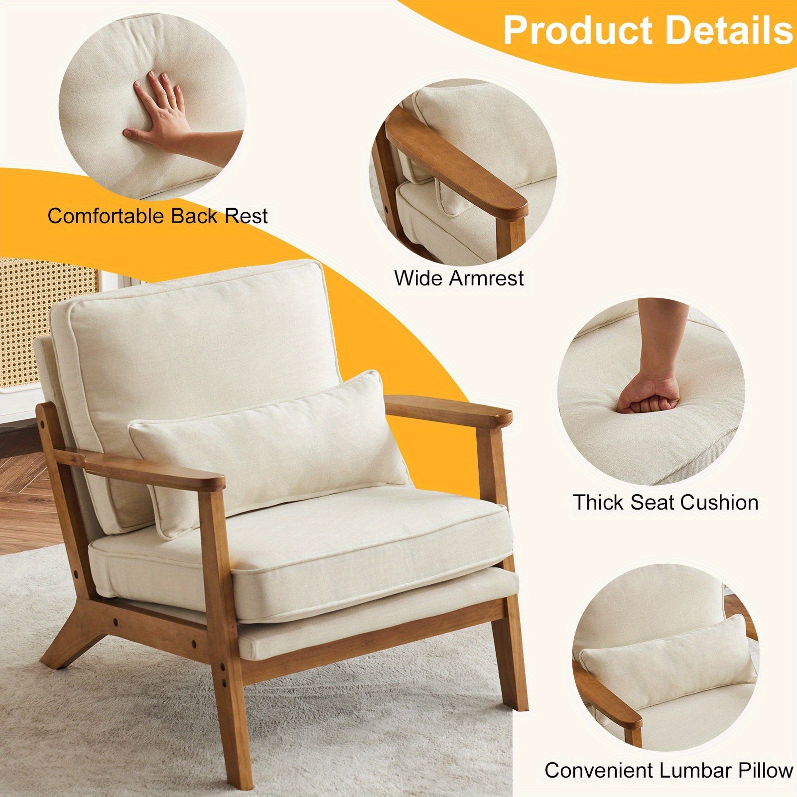 Mid-Century Accent Chair, Lounge Chairs Wide Armrest Armchair with Lumbar Pillow & Solid Wood Frame for Living Room, Bedroom, Balcony - Beige