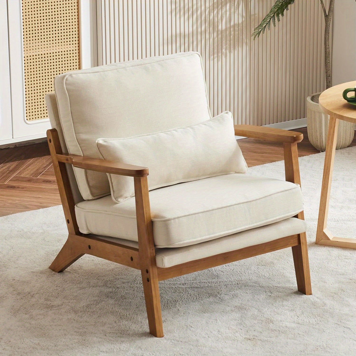 Mid-Century Accent Chair, Lounge Chairs Wide Armrest Armchair with Lumbar Pillow & Solid Wood Frame for Living Room, Bedroom, Balcony - Beige