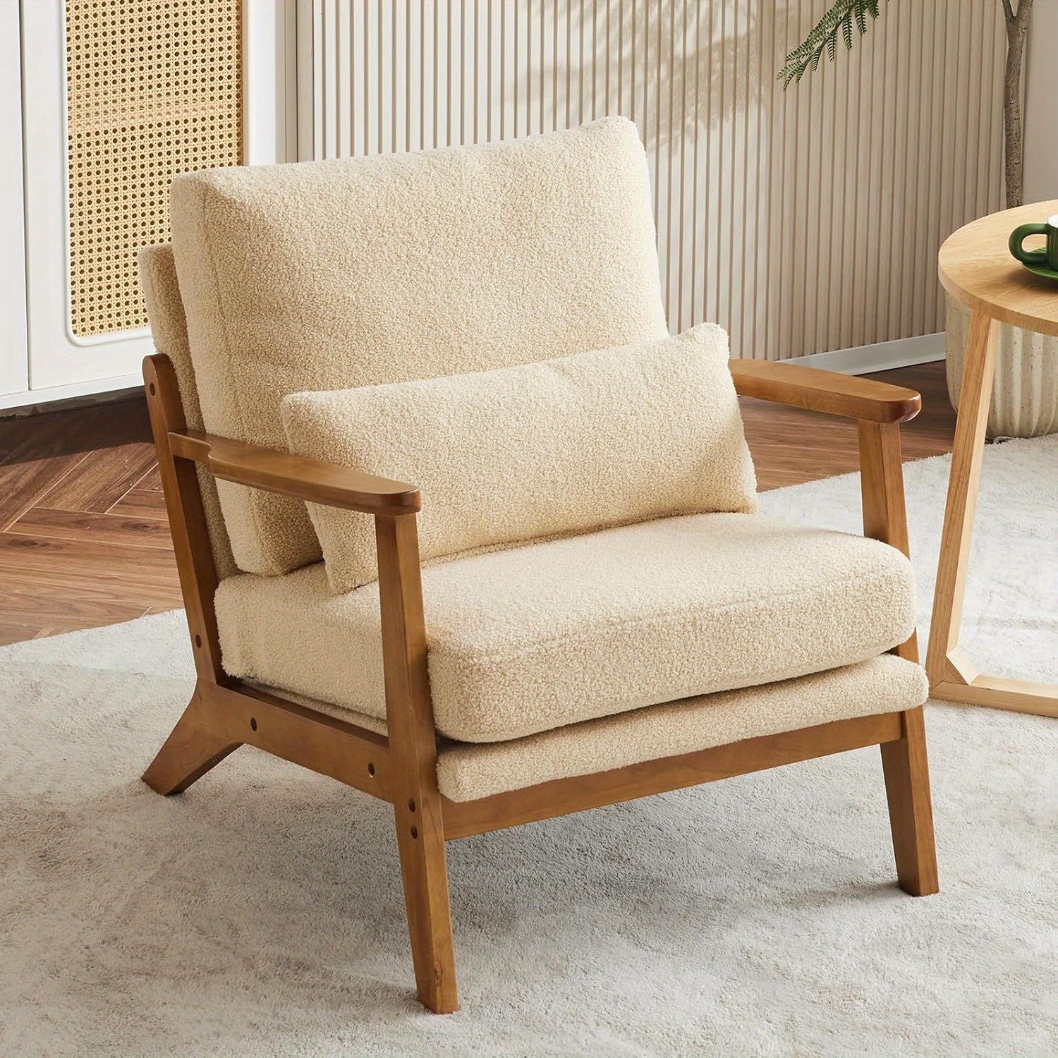 Mid-Century Accent Chair, Lounge Chairs Wide Armrest Armchair with Lumbar Pillow & Solid Wood Frame for Living Room, Bedroom, Balcony - Beige