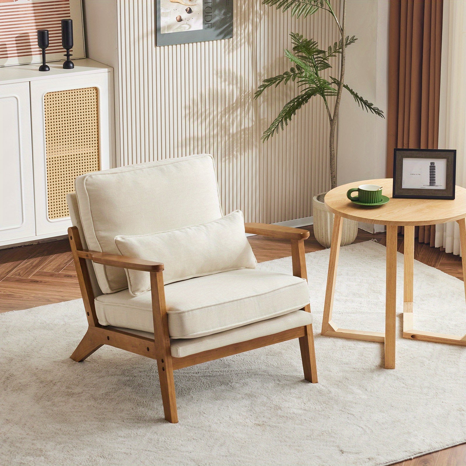 Mid-Century Accent Chair, Lounge Chairs Wide Armrest Armchair with Lumbar Pillow & Solid Wood Frame for Living Room, Bedroom, Balcony - Beige