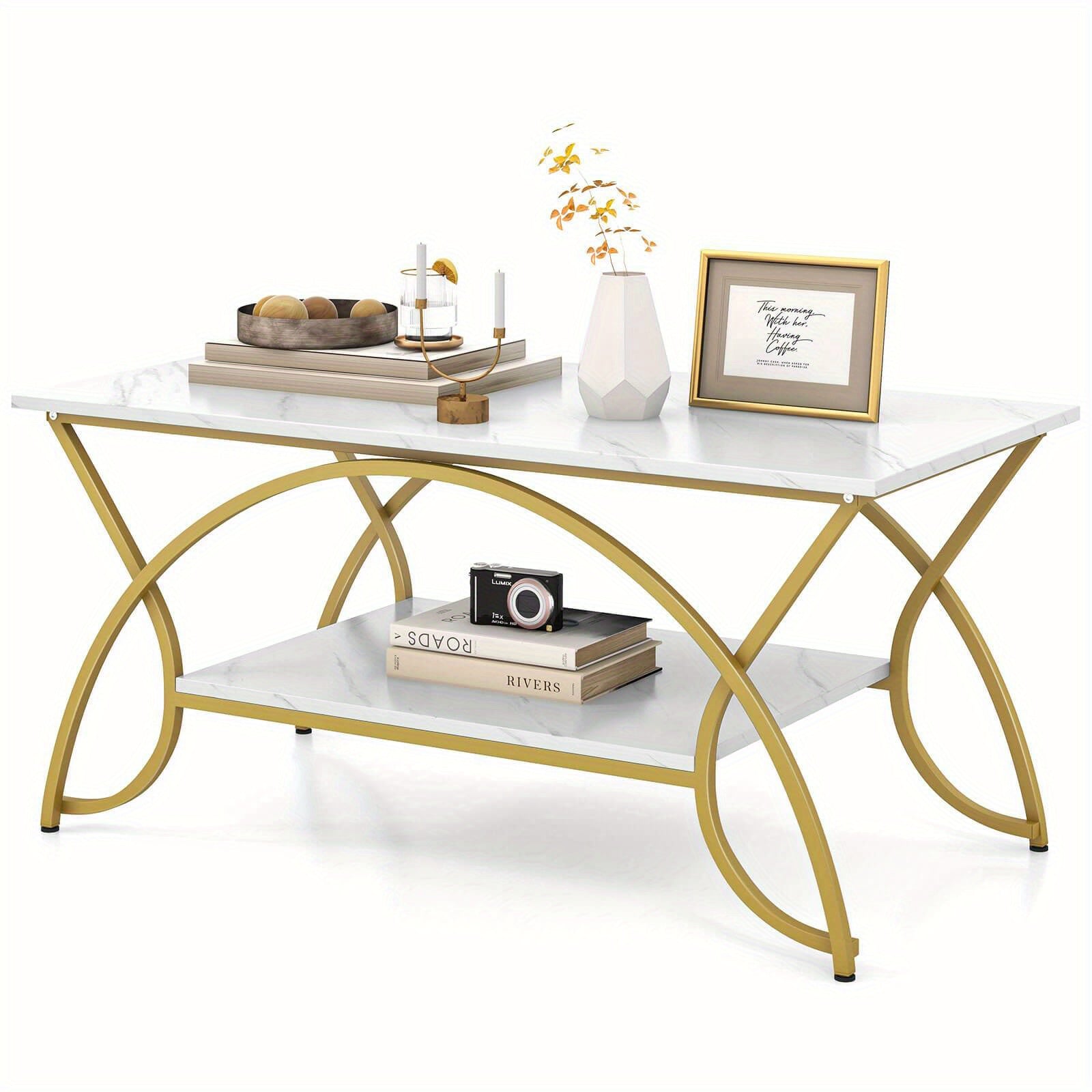 Modern Faux Marble Coffee Table, 2-Tier Rectangular Accent Table with Gold Finished Metal Frame, Chic Cocktail Table with Storage Shelf, Snack End Table for Living Room & Lounge