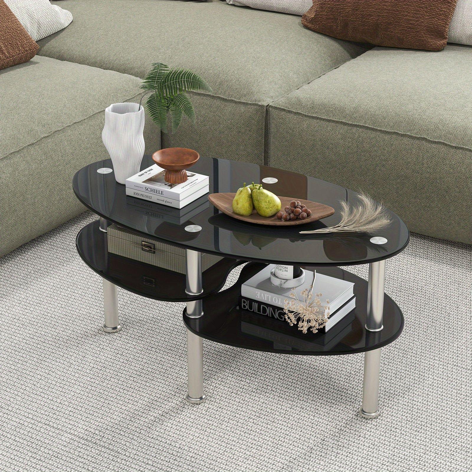 Tempered Glass Coffee Table, 3-tier Modern Center Table w/ Heavy-duty Steel Frame & Open Shelf, Modern Oval-shaped Glass Tea Table, Geometric Glass Accent Table for Living Room, Office