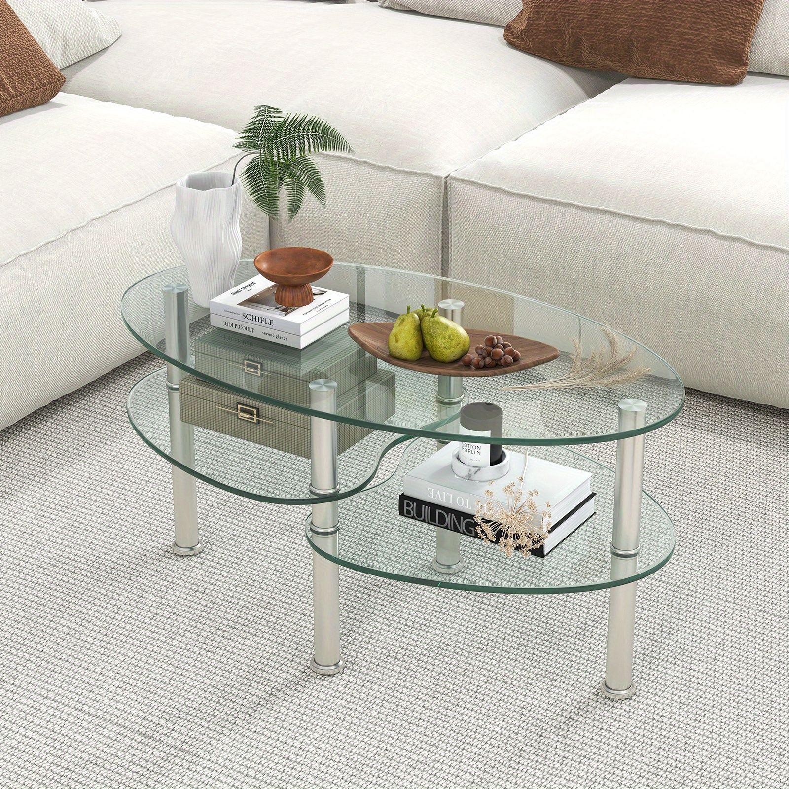 Tempered Glass Coffee Table, 3-tier Modern Center Table w/ Heavy-duty Steel Frame & Open Shelf, Modern Oval-shaped Glass Tea Table, Geometric Glass Accent Table for Living Room, Office