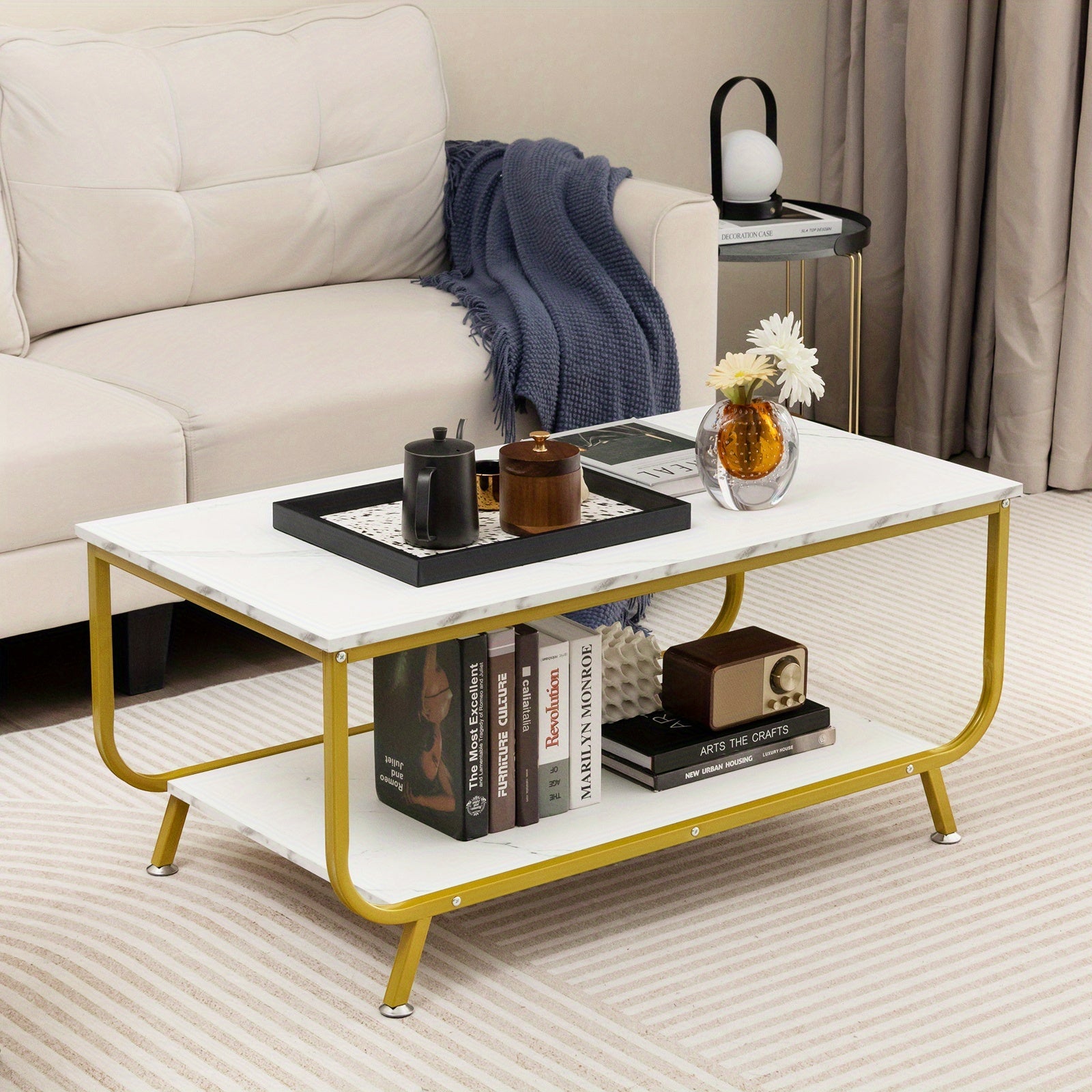 Marble Coffee Table, 2-Tier Faux Marble Top Rectangular Coffee Table with Metal Frame, Storage Shelf, Accent Furniture Beside Sofa Table for Living Room, Office, Balcony