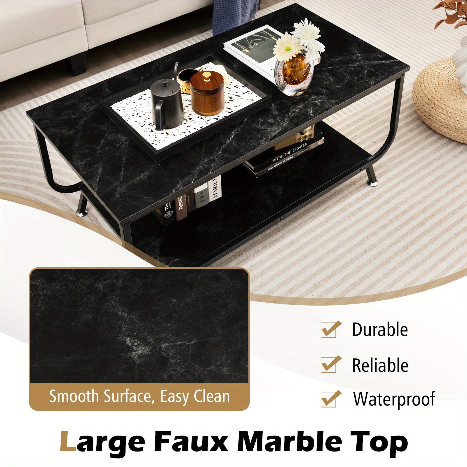 Marble Coffee Table, 2-Tier Faux Marble Top Rectangular Coffee Table with Metal Frame, Storage Shelf, Accent Furniture Beside Sofa Table for Living Room, Office, Balcony