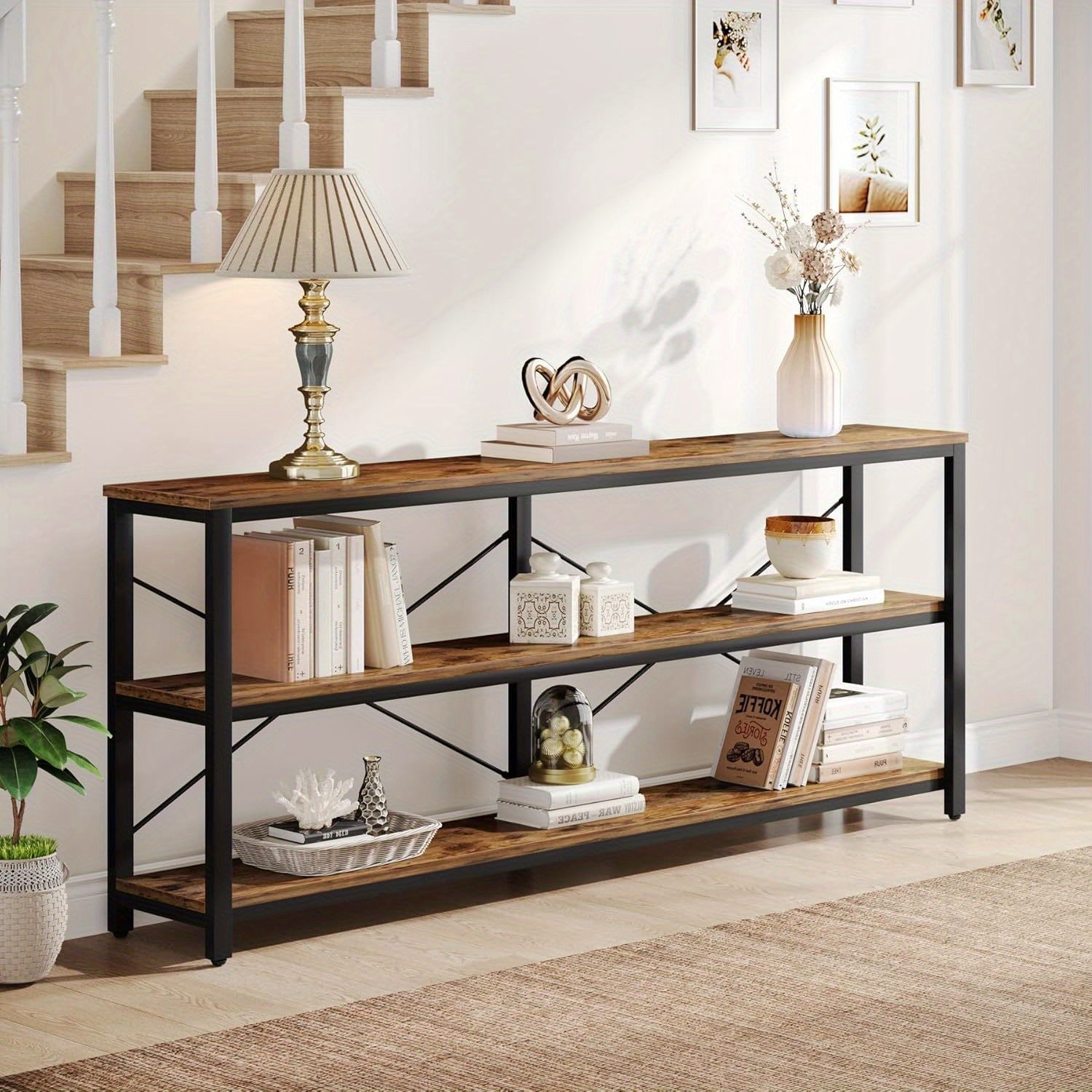 70.9-Inch Console Table, 3-Tier Industrial Sofa Table with Metal Frame, Modern Behind Couch Table with Storage Shelves for Living Room Entryway Hallway Foyer (Brown and Black)