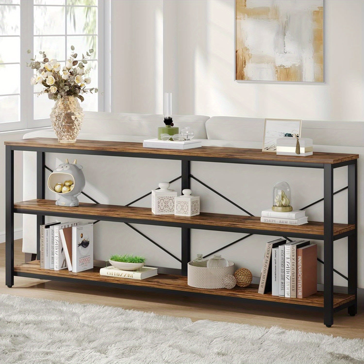 70.9-Inch Console Table, 3-Tier Industrial Sofa Table with Metal Frame, Modern Behind Couch Table with Storage Shelves for Living Room Entryway Hallway Foyer (Brown and Black)