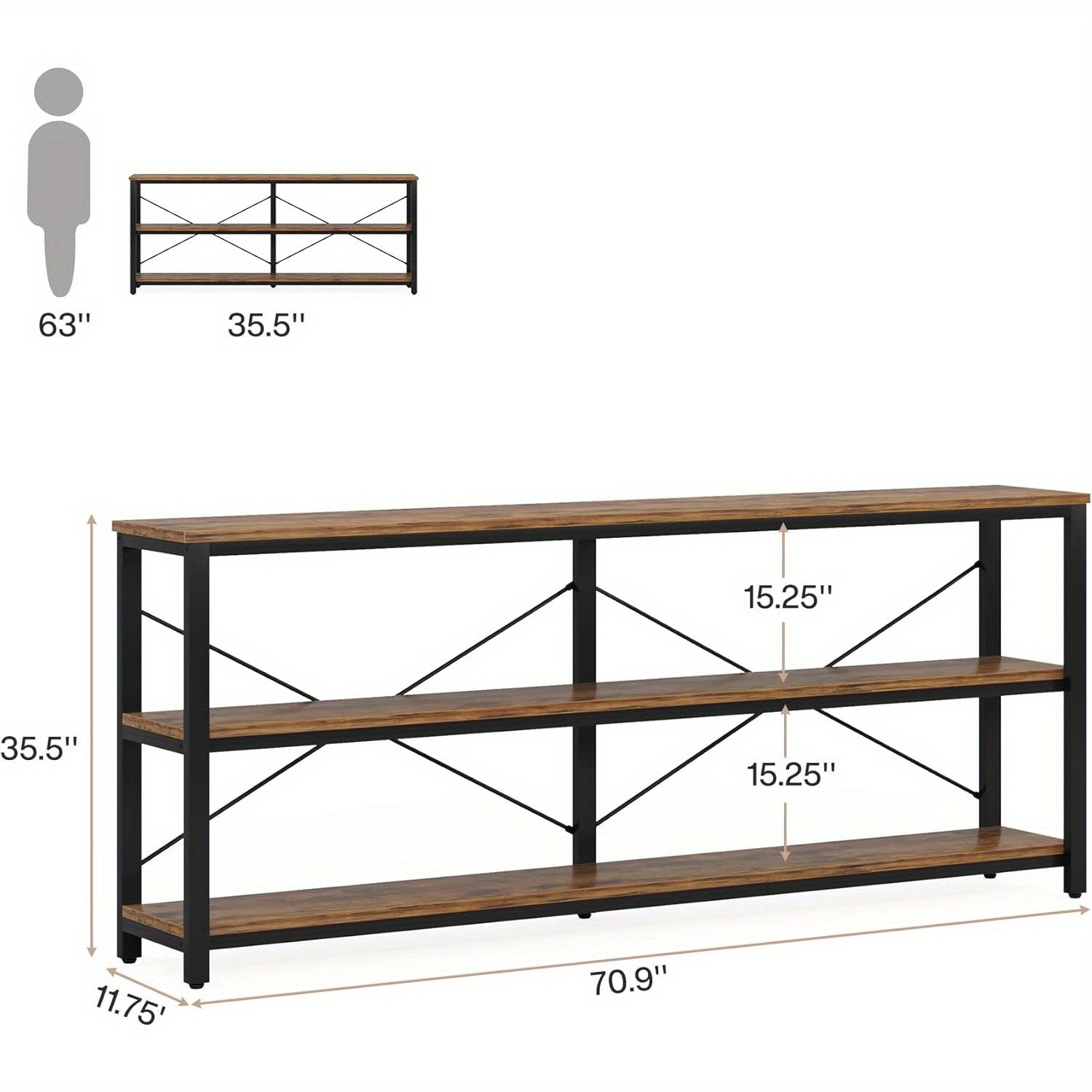 70.9-Inch Console Table, 3-Tier Industrial Sofa Table with Metal Frame, Modern Behind Couch Table with Storage Shelves for Living Room Entryway Hallway Foyer (Brown and Black)