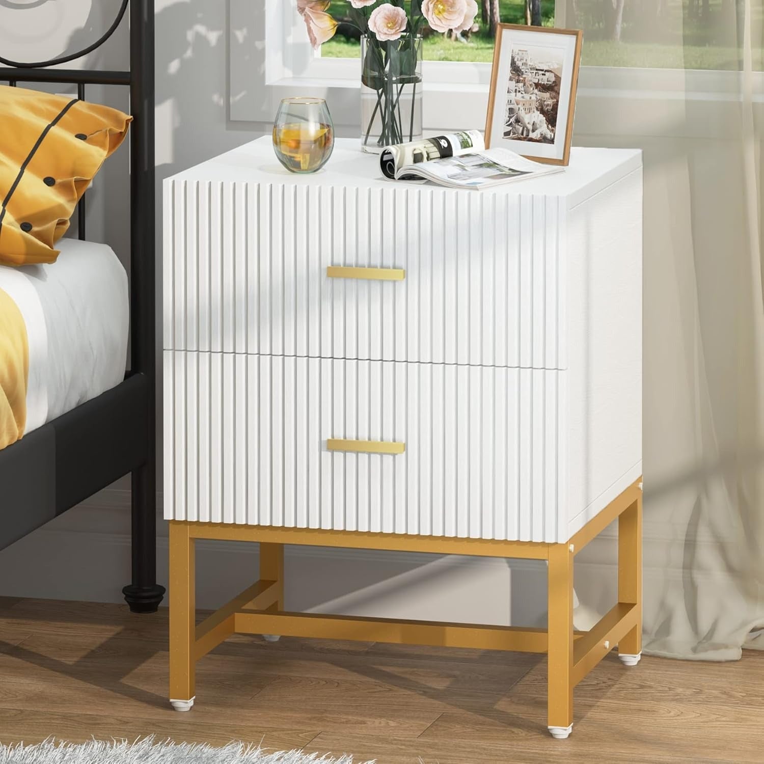 2-Drawer Modern Nightstand - Fluted Wood Bedside Table, Storage for Bedroom, Living Room - White