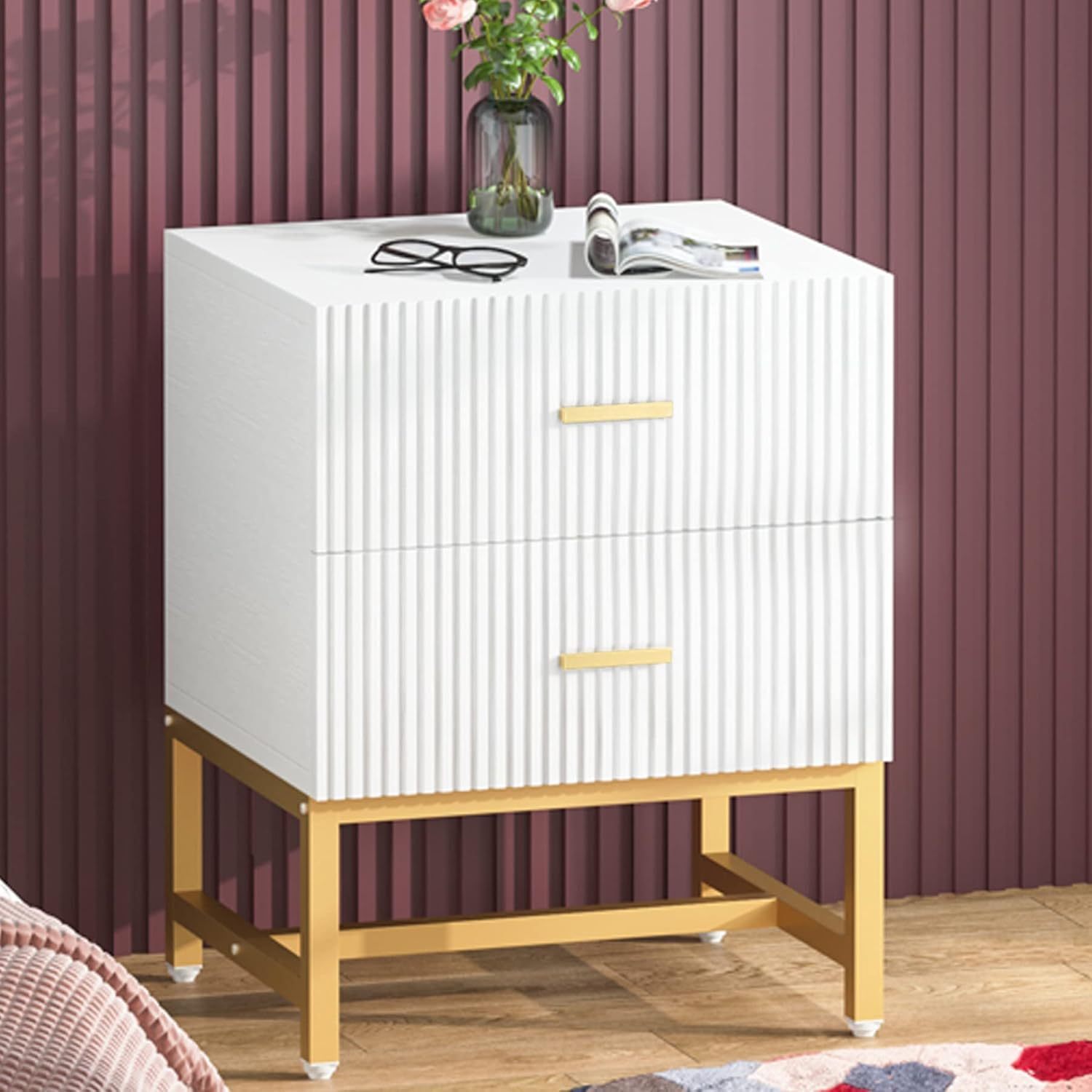 2-Drawer Modern Nightstand - Fluted Wood Bedside Table, Storage for Bedroom, Living Room - White